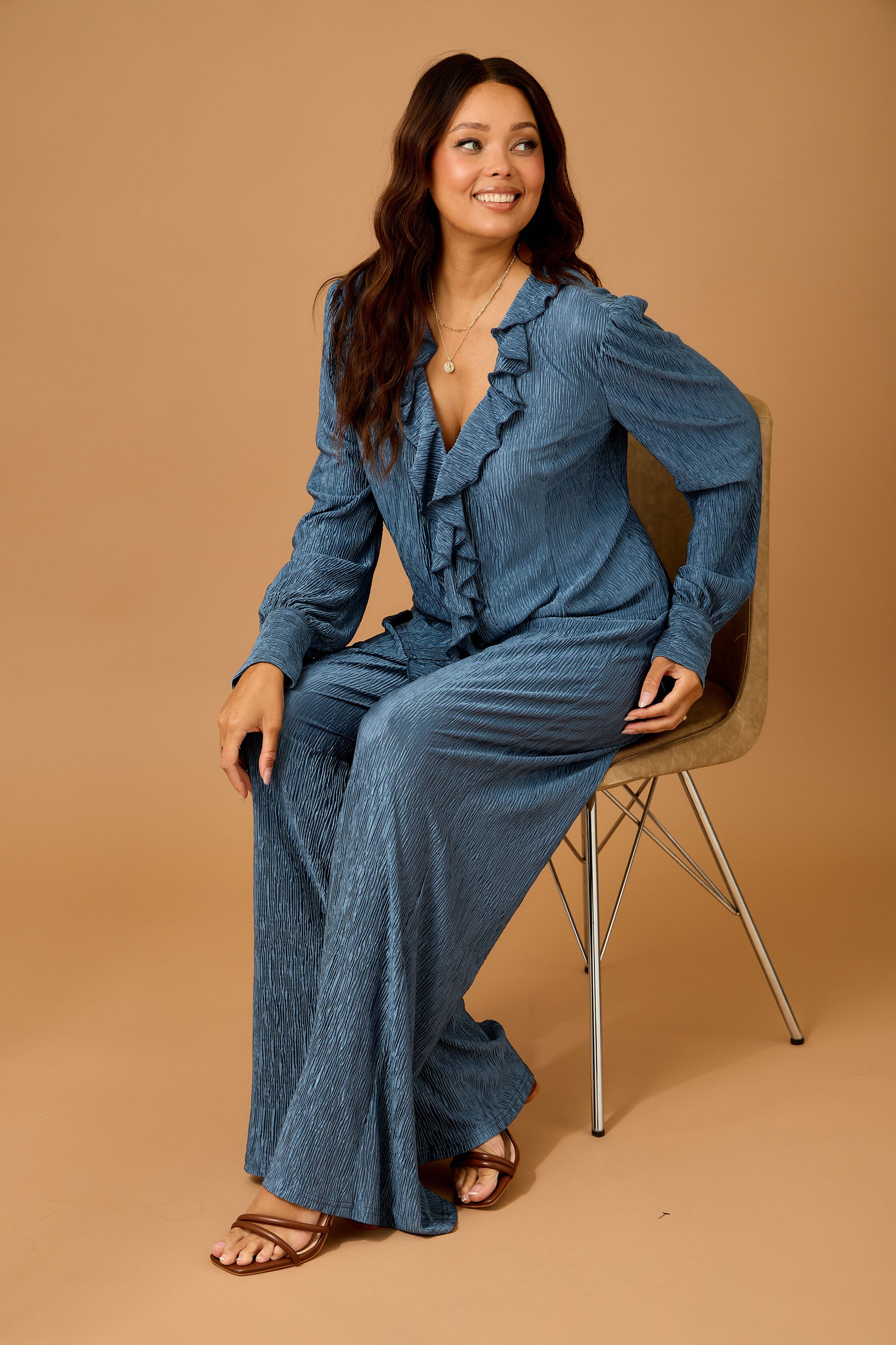 Fall Ruffled Textured Top and Wide Leg Pants Set