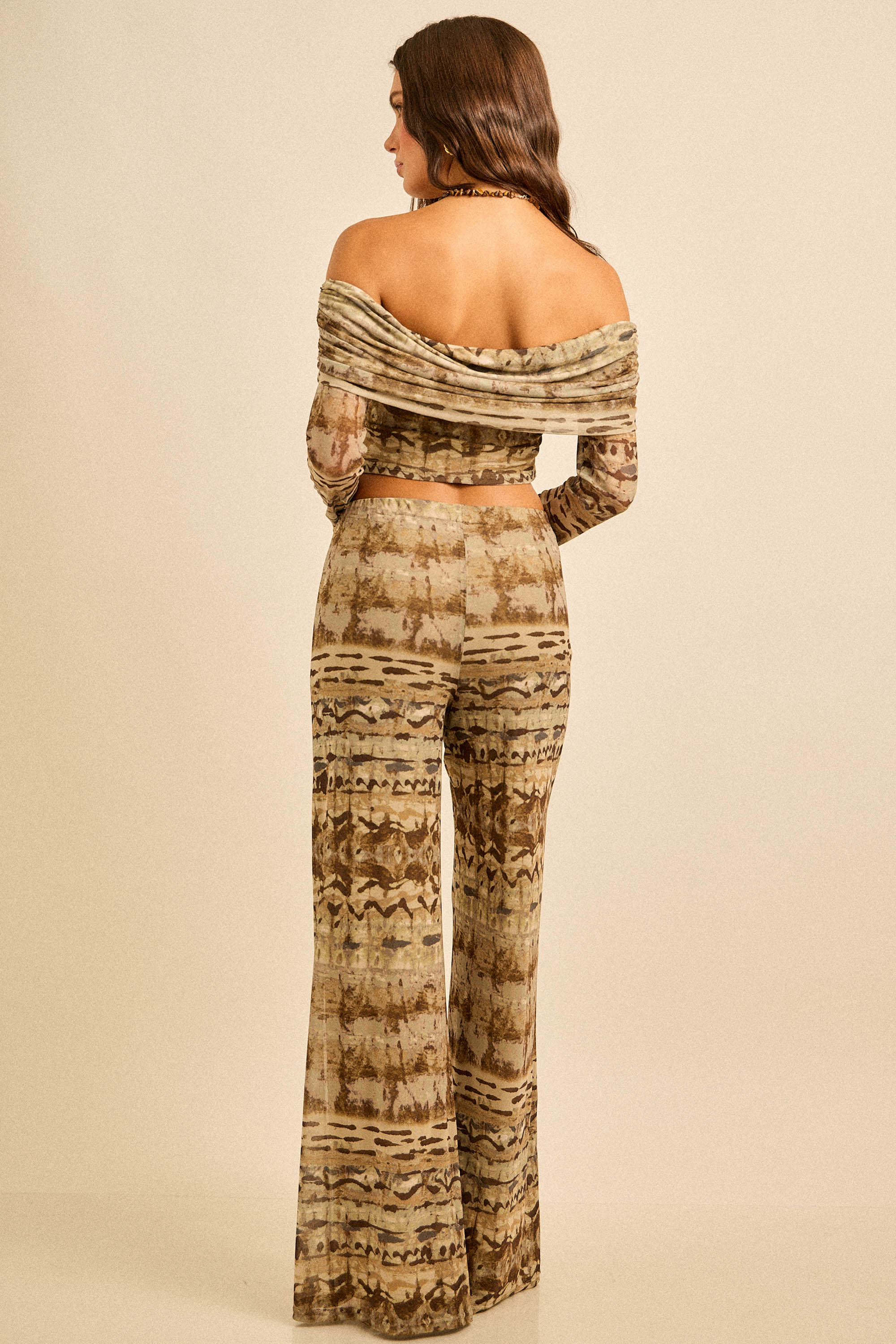 Spring Off shoulder mesh set with flared pants
