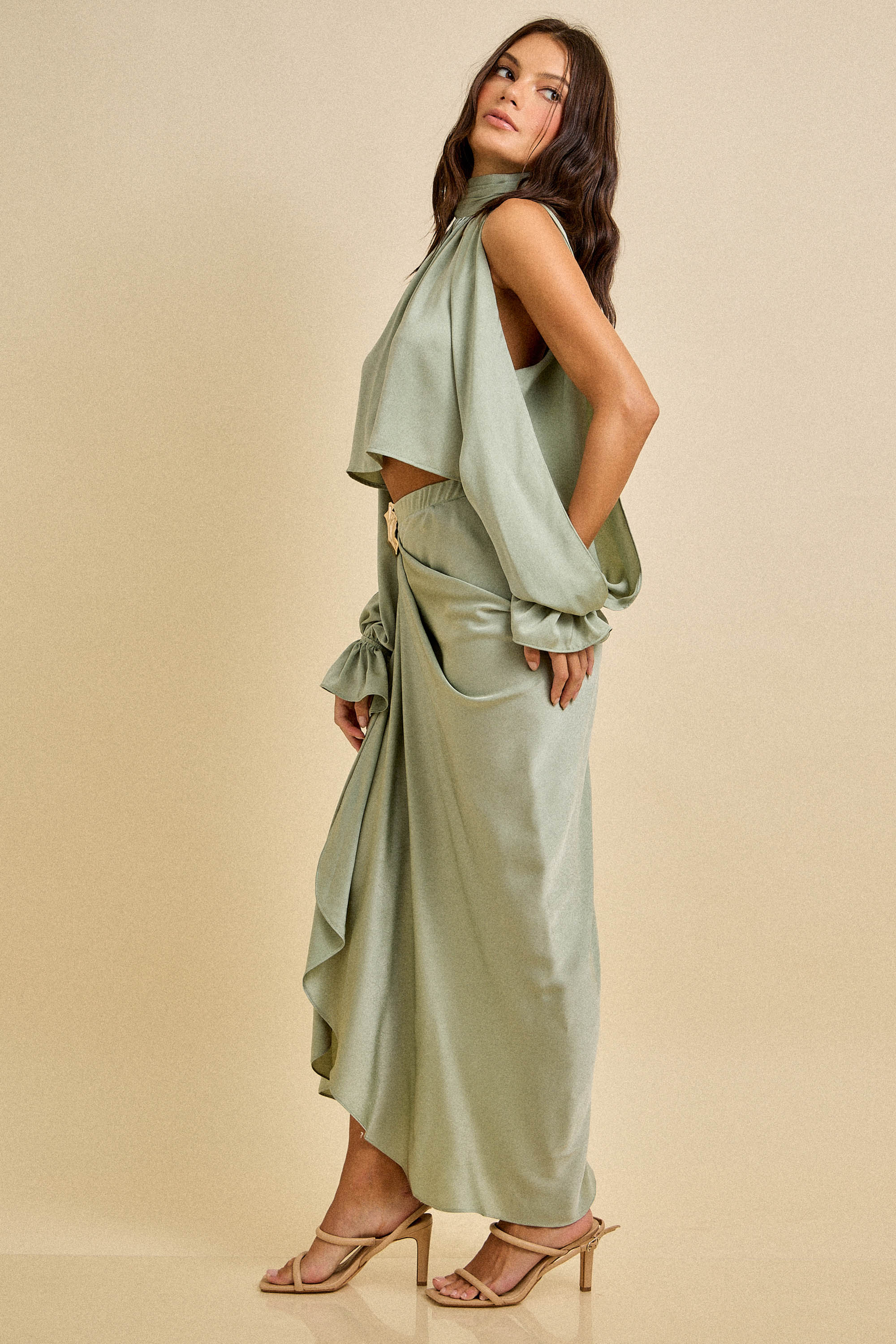 Spring Drape Sleeve Satin Set with Gold Buckle