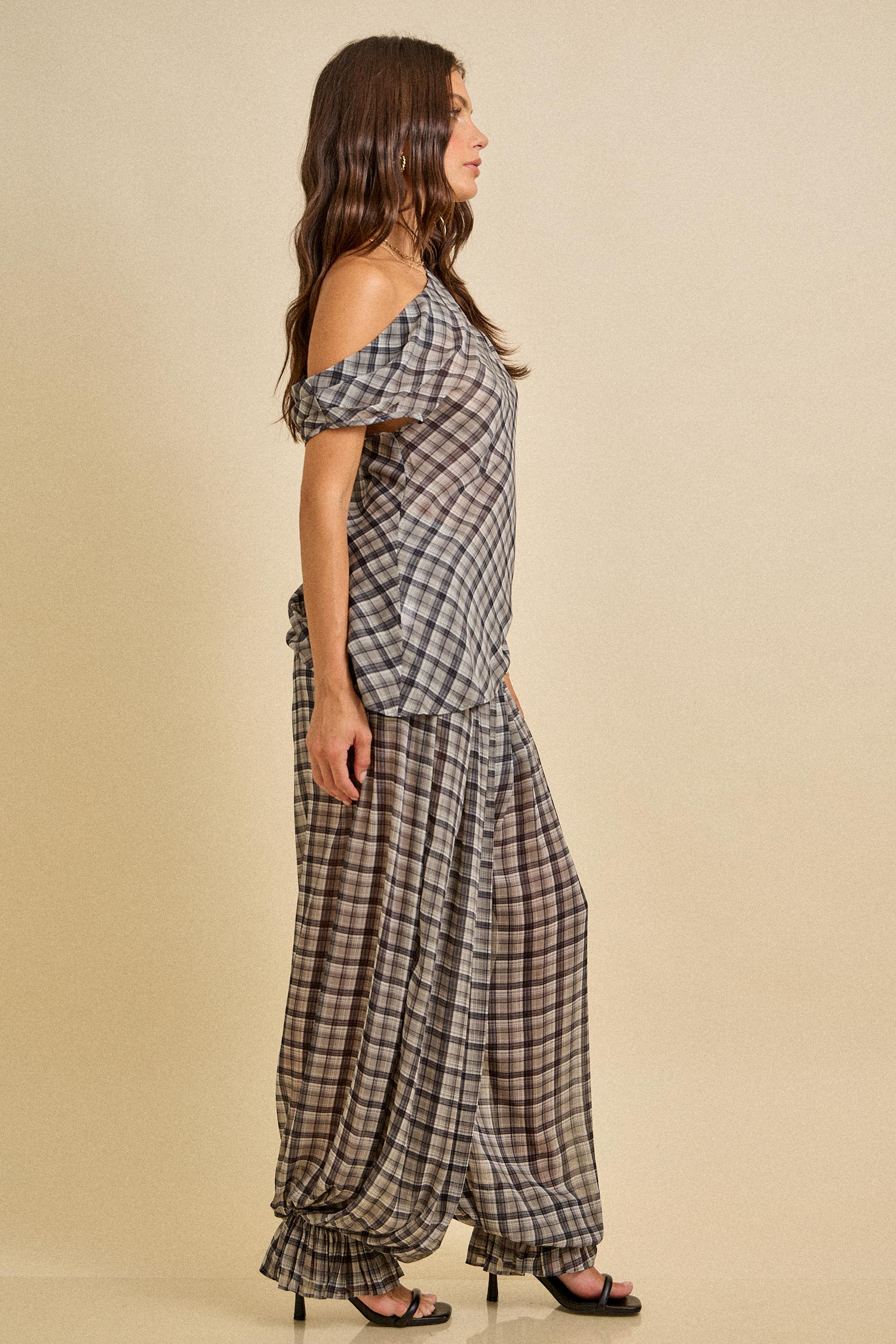 Spring One Shoulder Plaid Top & Wide Pants Set