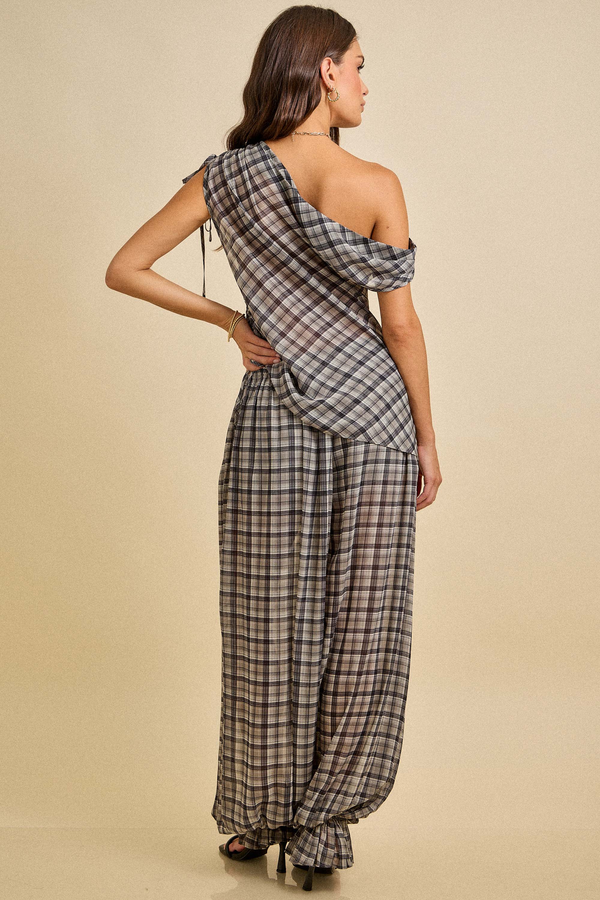 Spring One Shoulder Plaid Top & Wide Pants Set