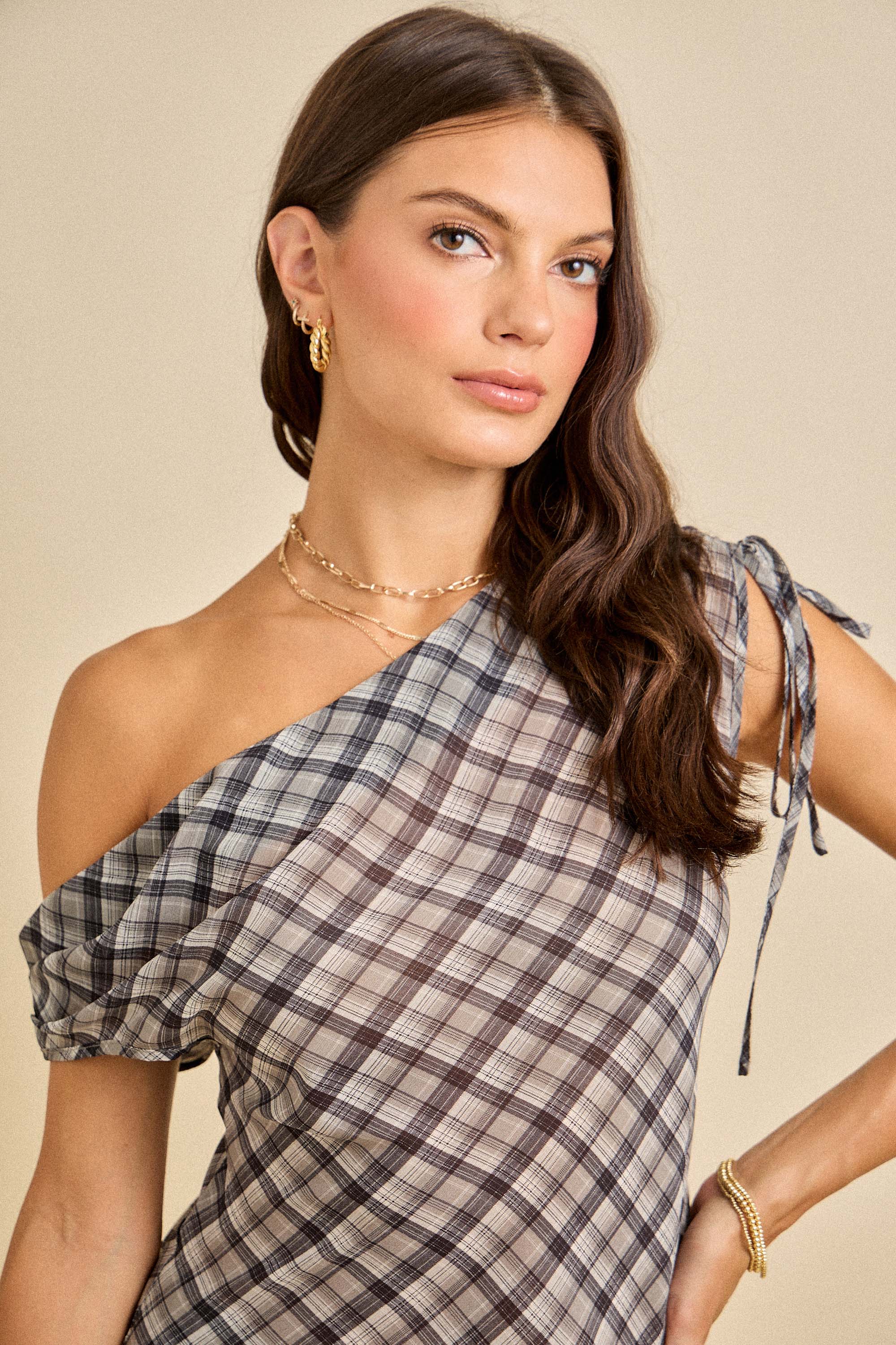 Spring One Shoulder Plaid Top & Wide Pants Set