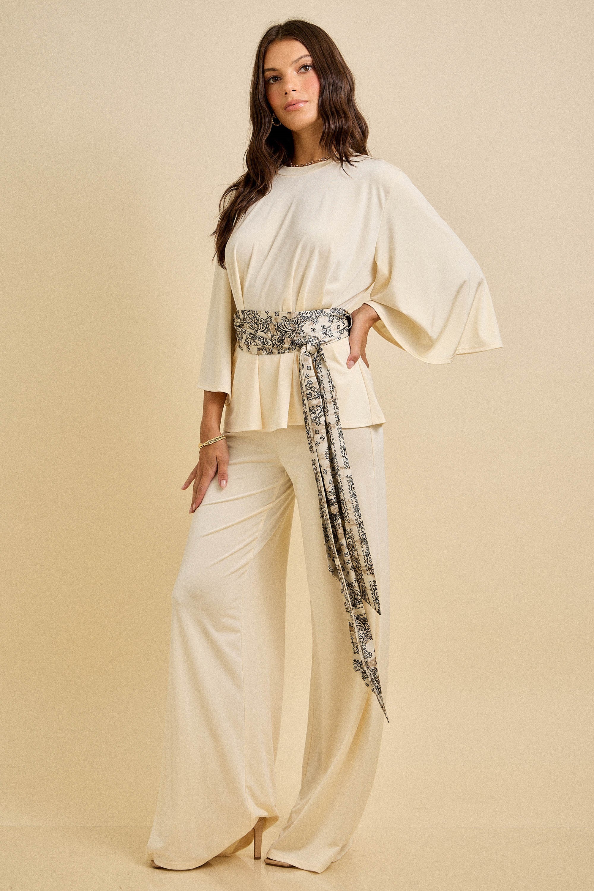 Spring Wide-Leg Pant Set with Scarf Belt