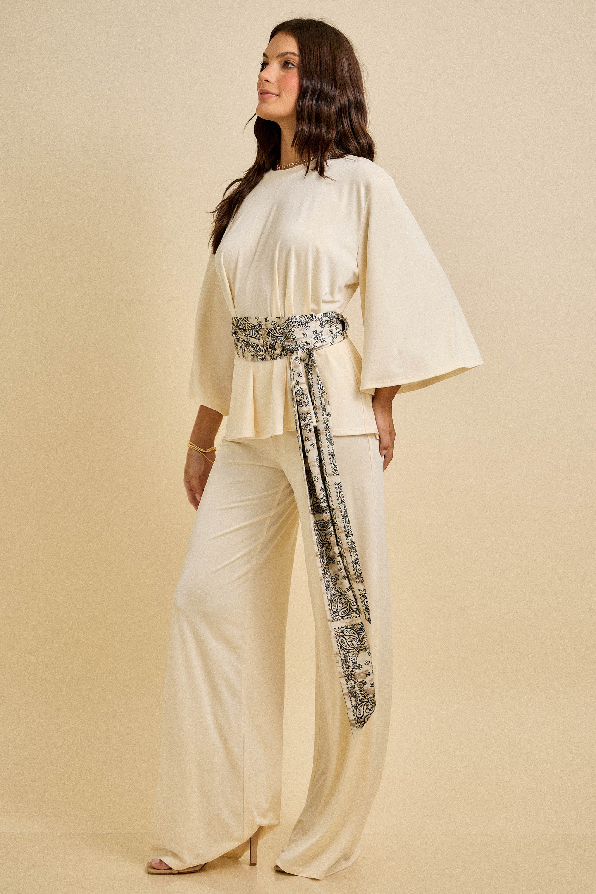 Spring Wide-Leg Pant Set with Scarf Belt