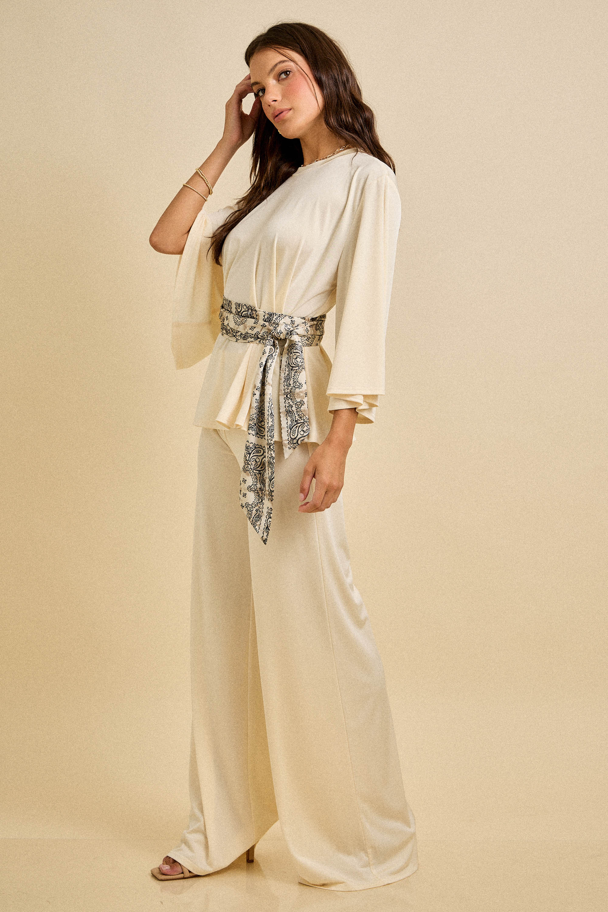 Spring Wide-Leg Pant Set with Scarf Belt