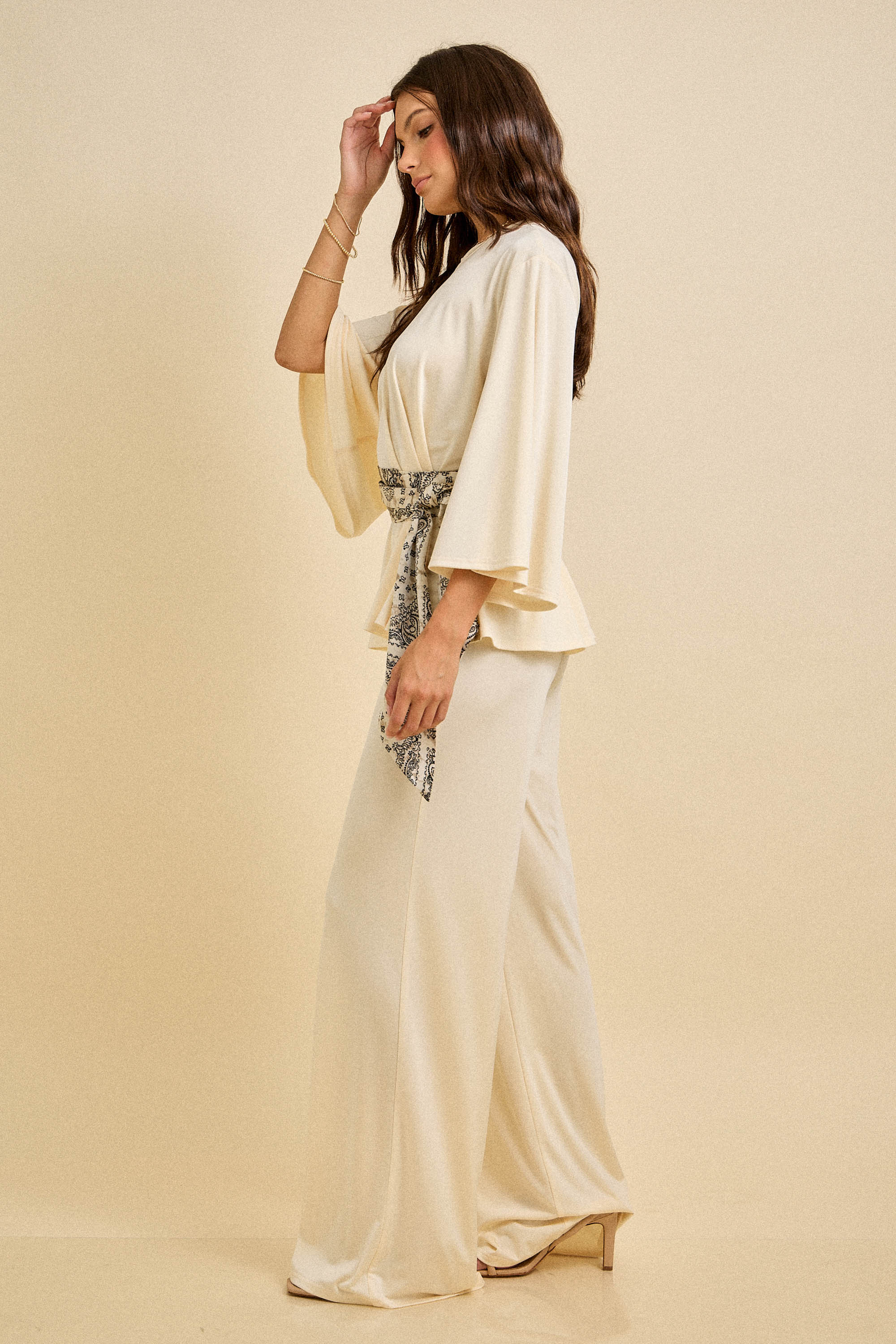 Spring Wide-Leg Pant Set with Scarf Belt