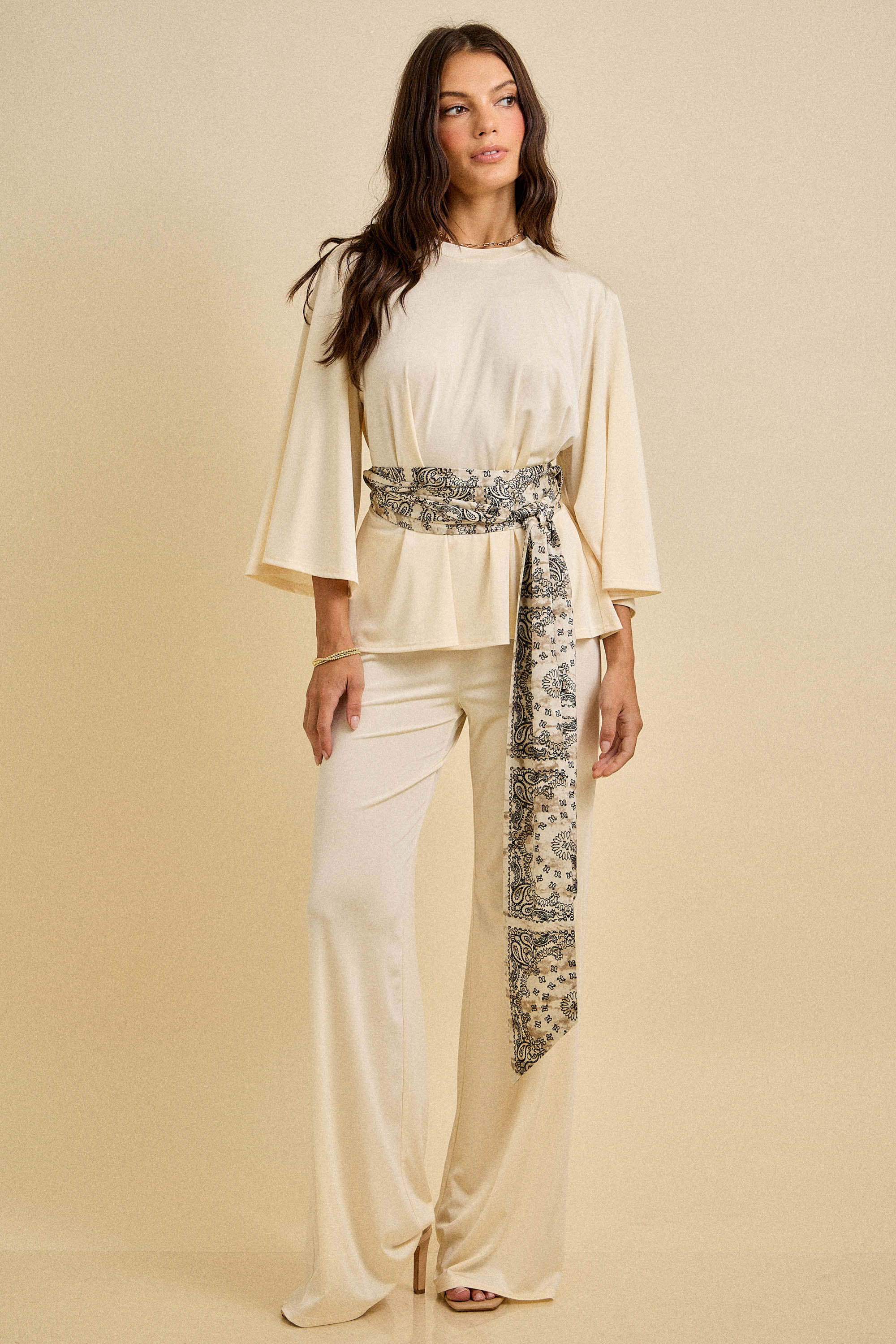 Spring Wide-Leg Pant Set with Scarf Belt