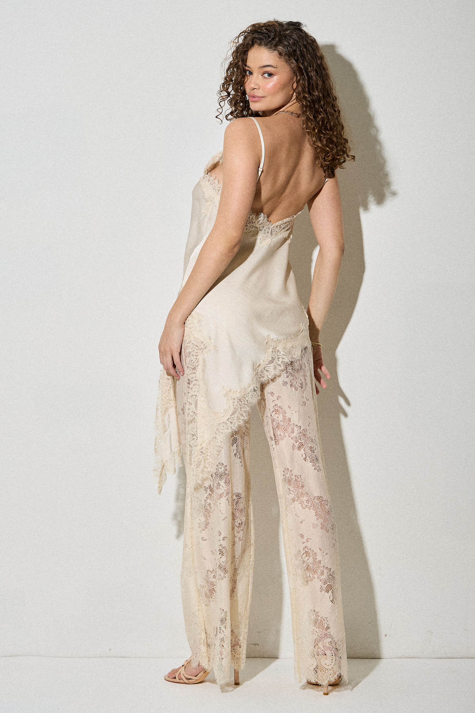 Spring Satin Lace Trim Cami and Pants Set