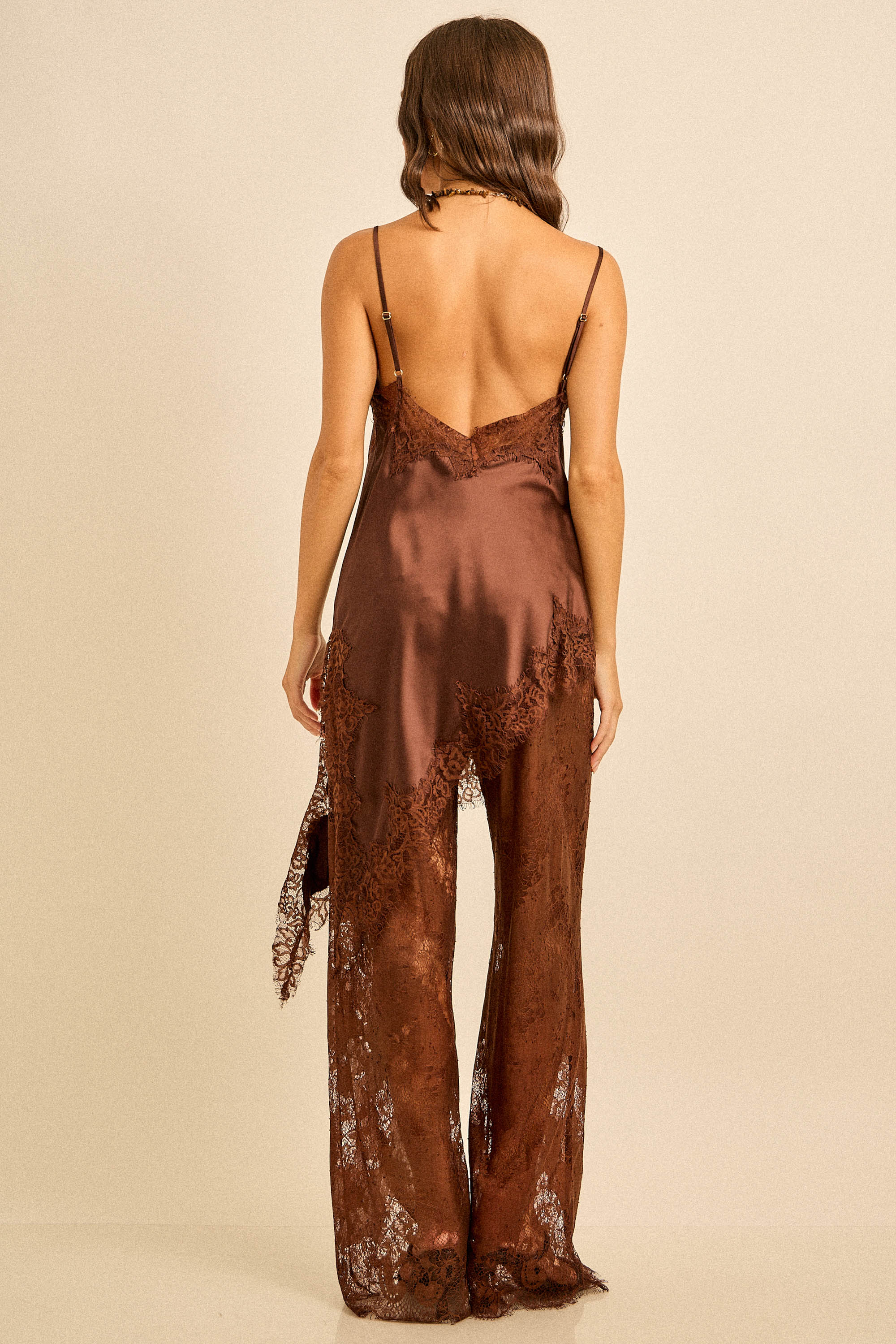 Spring Satin Lace Trim Cami and Pants Set