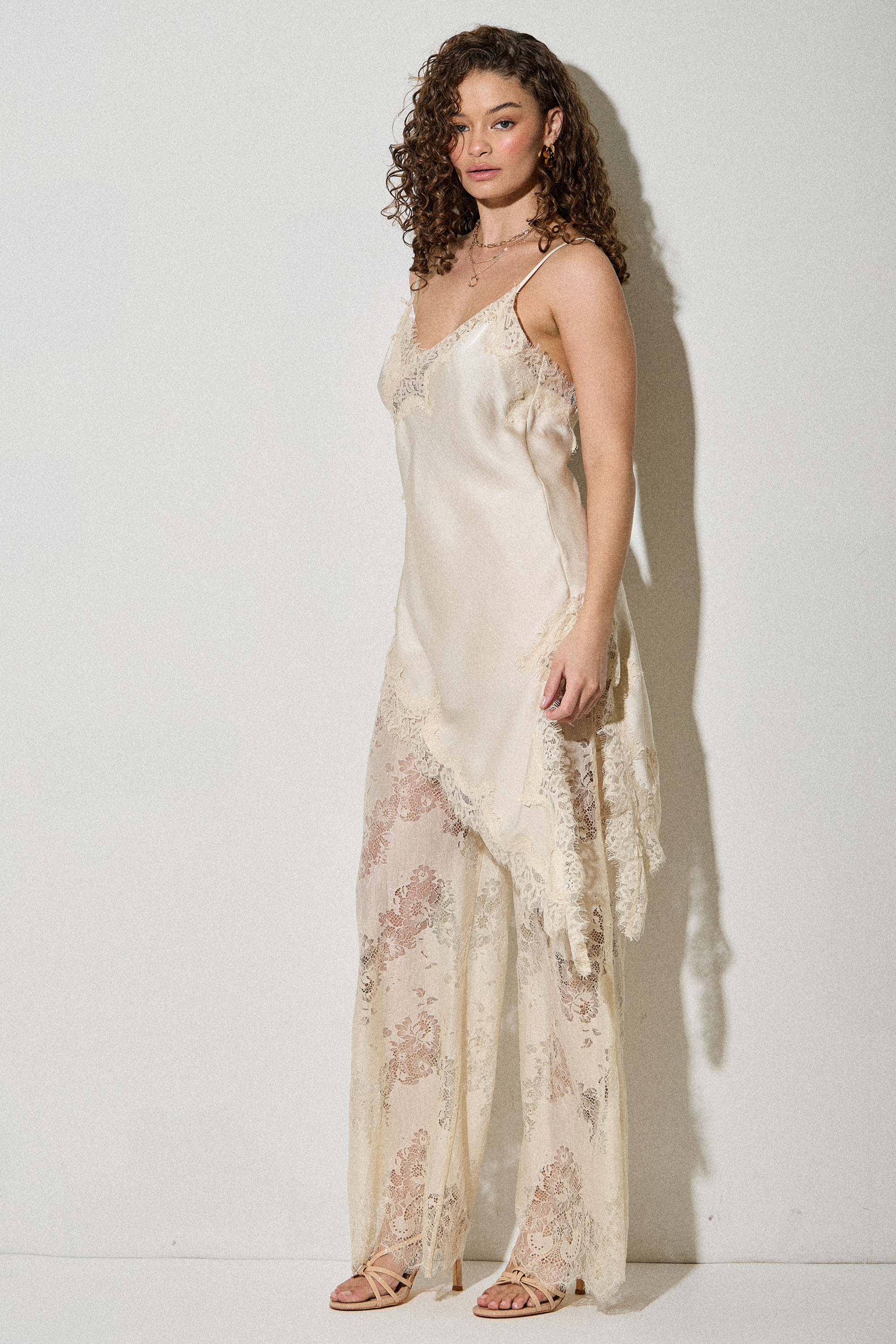 Spring Satin Lace Trim Cami and Pants Set