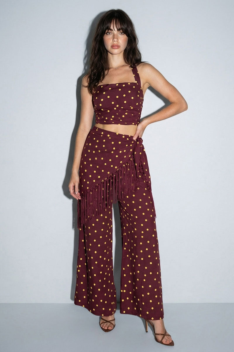 Polka Dot Halter Top and Fringe Pants Set