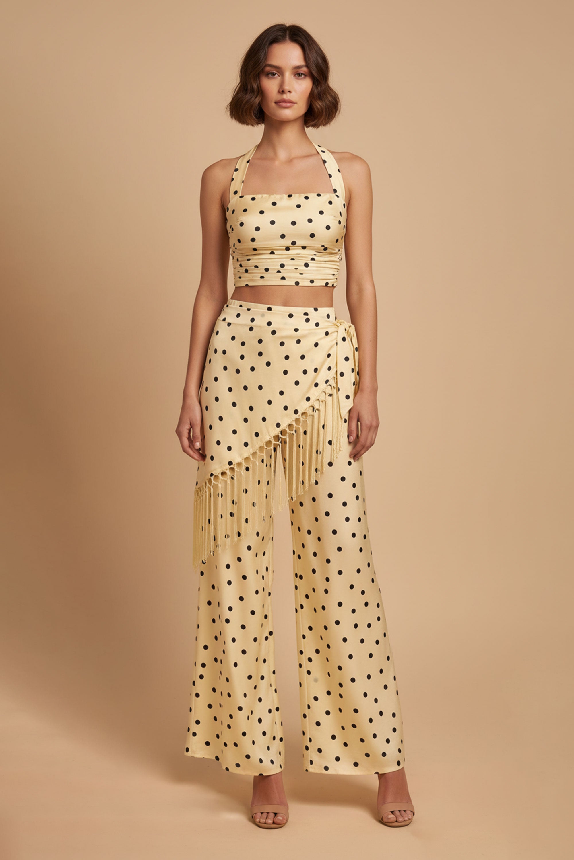 Polka Dot Halter Top and Fringe Pants Set