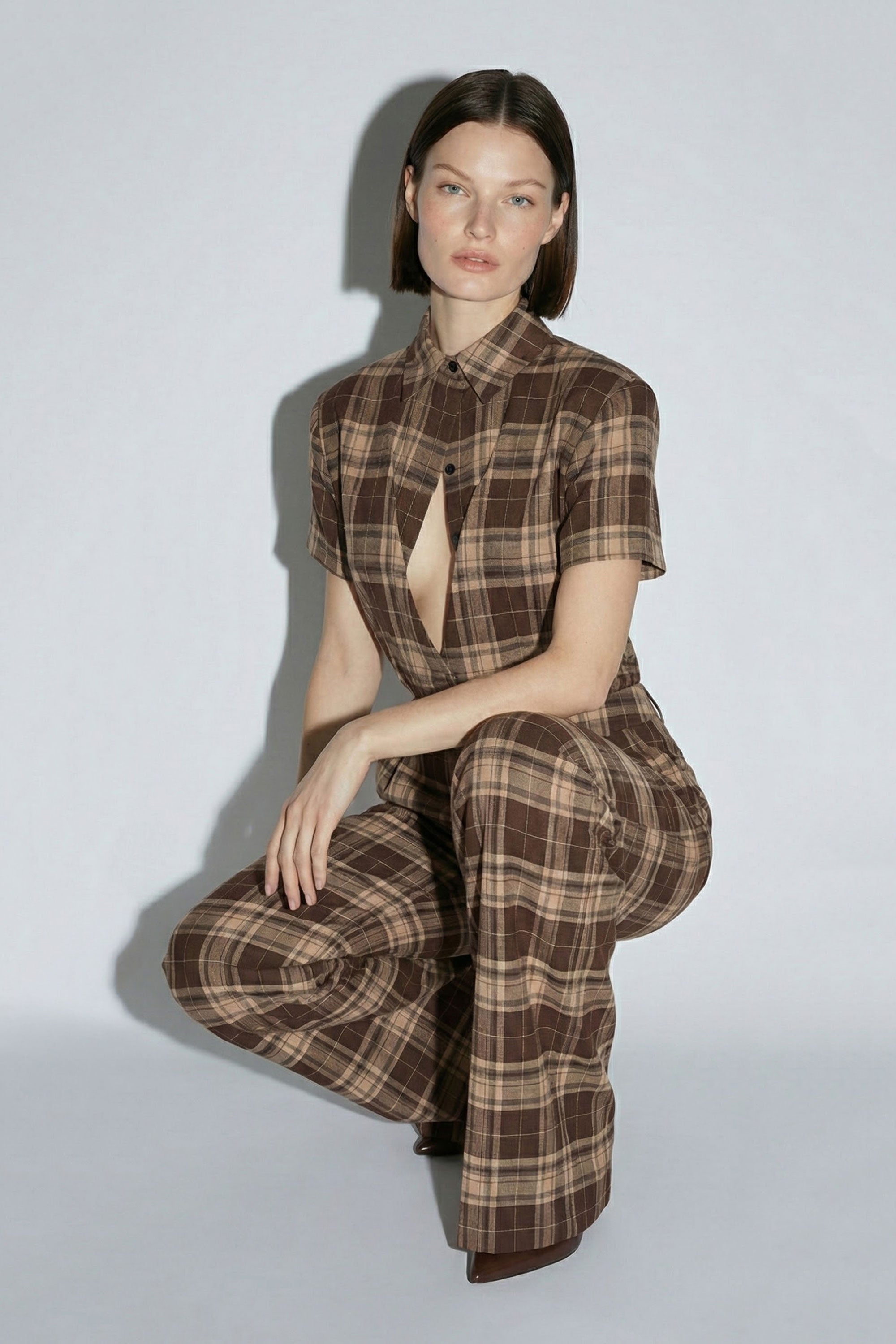 Plaid Cutout Shirt & Trouser Set