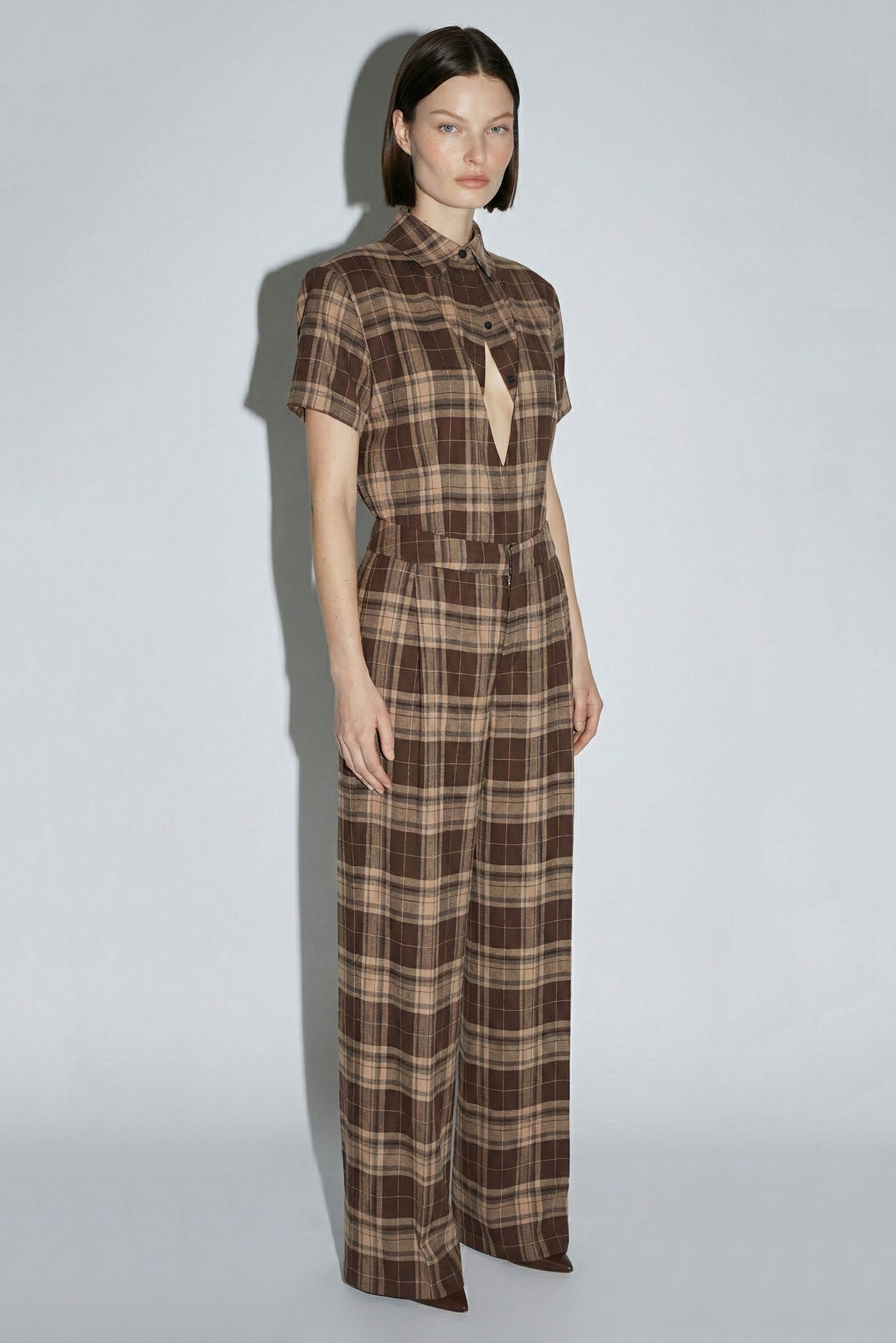 Plaid Cutout Shirt & Trouser Set