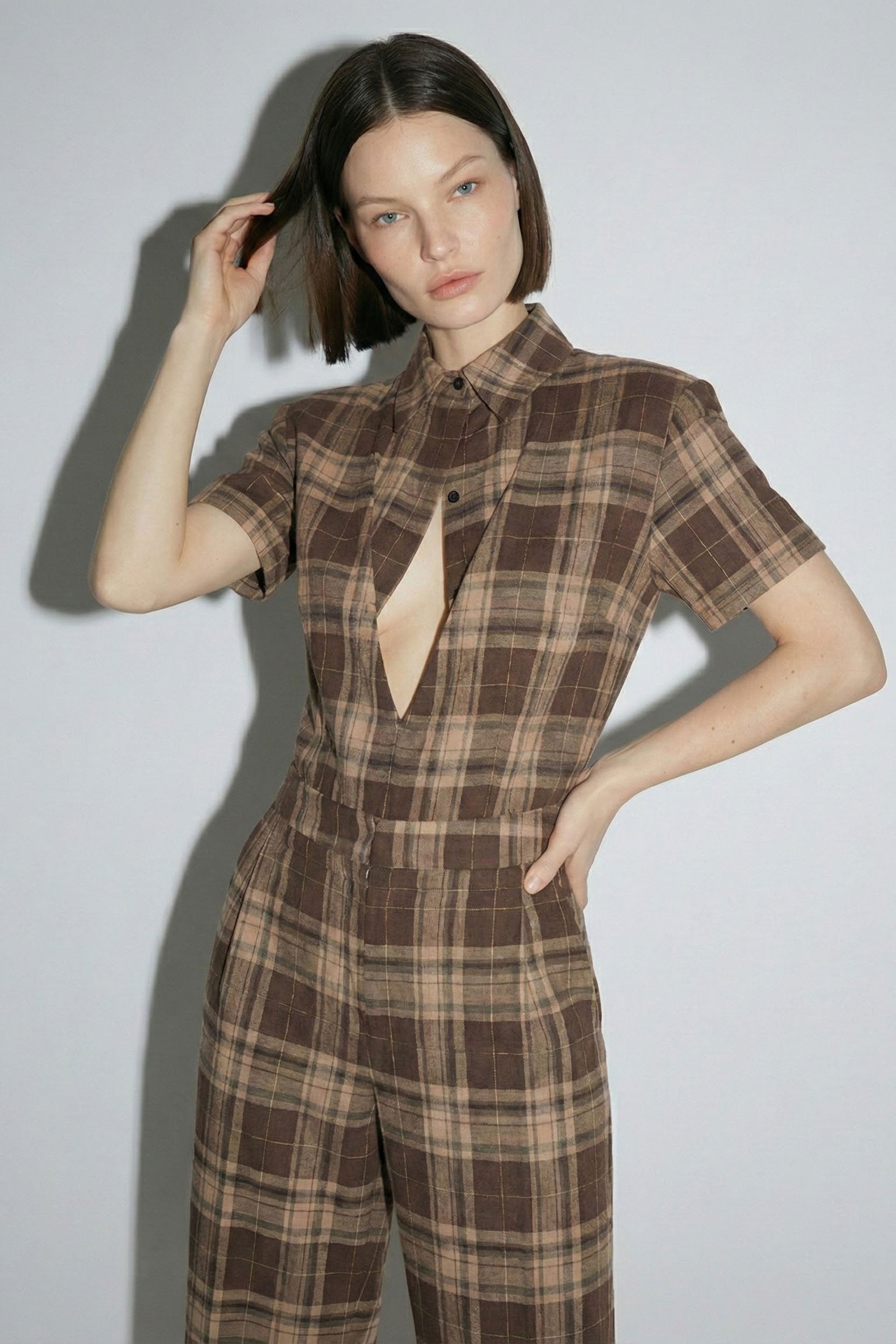 Plaid Cutout Shirt & Trouser Set