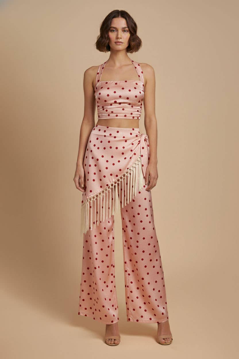 Polka Dot Halter Top and Fringe Pants Set