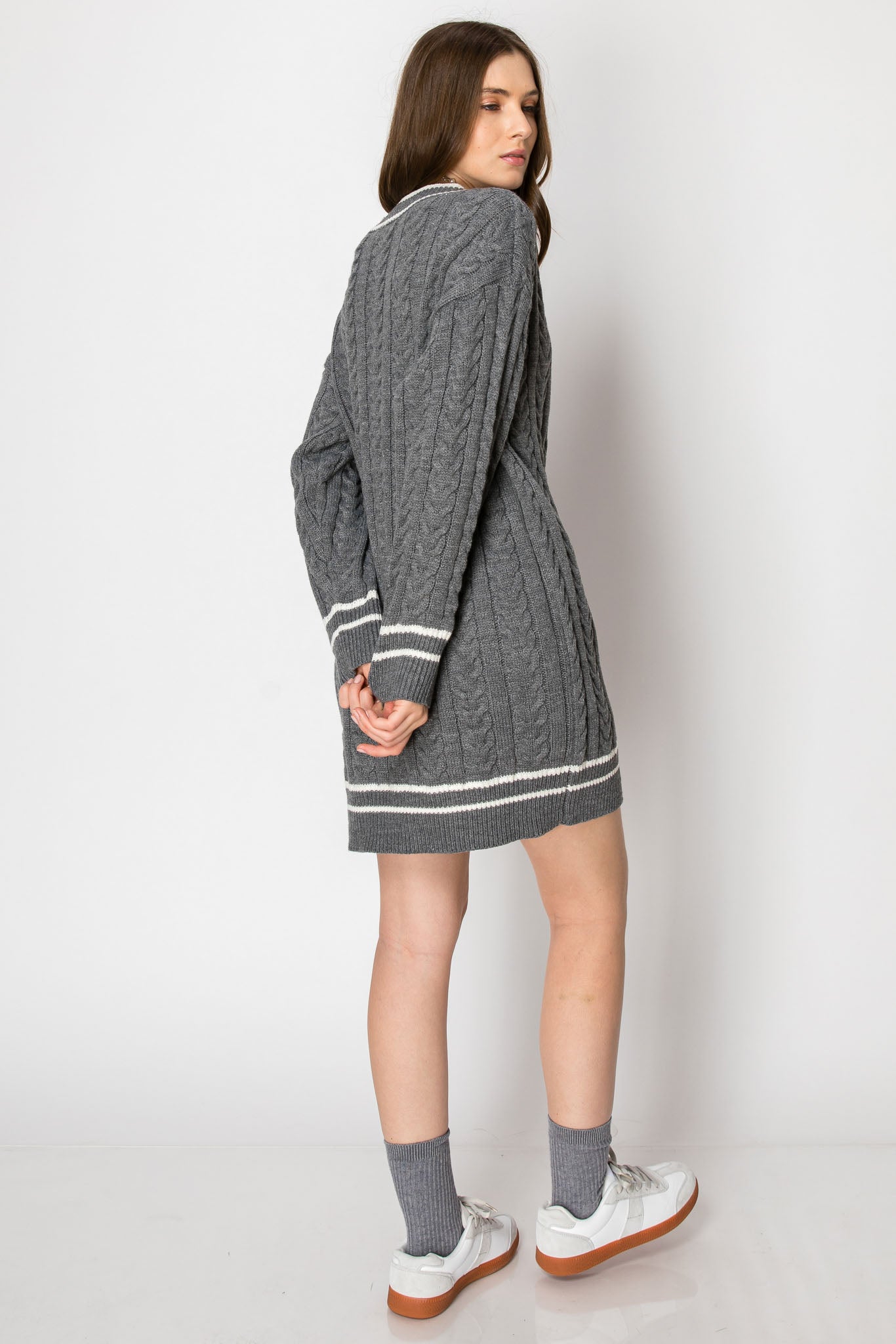 V Neck Long Sleeve Sweater Dress
