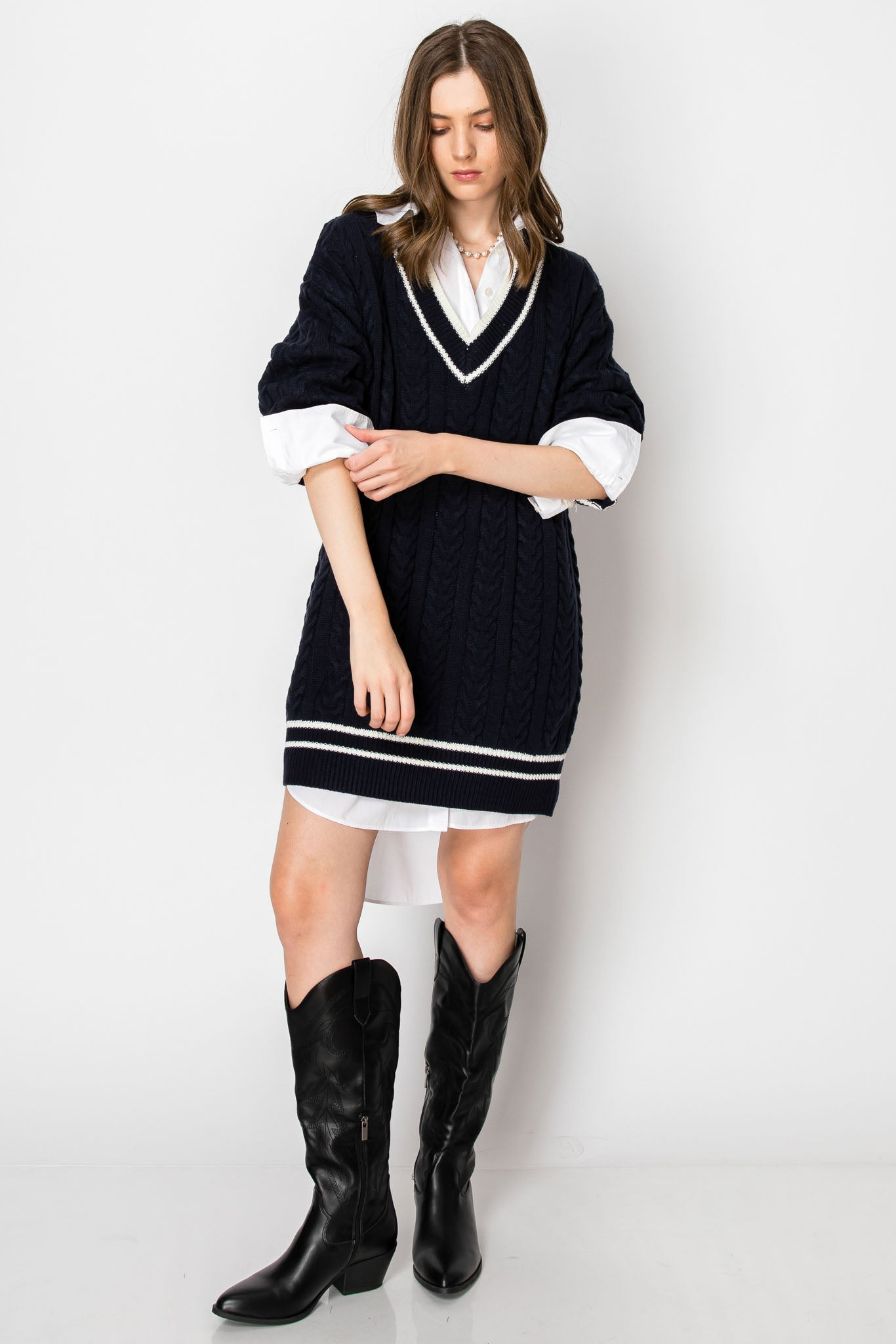 V Neck Long Sleeve Sweater Dress