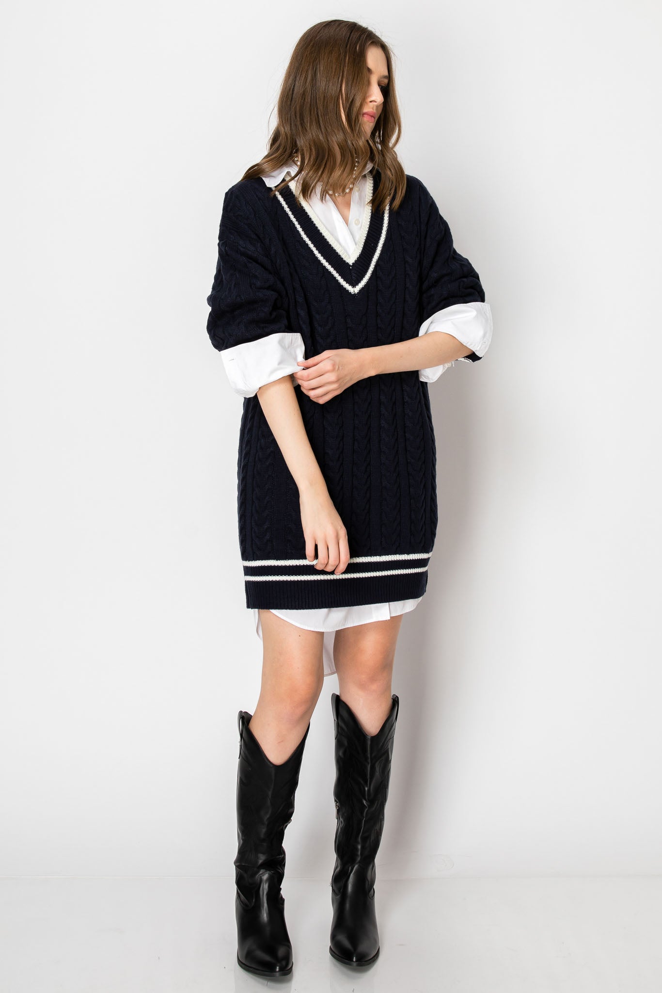 V Neck Long Sleeve Sweater Dress