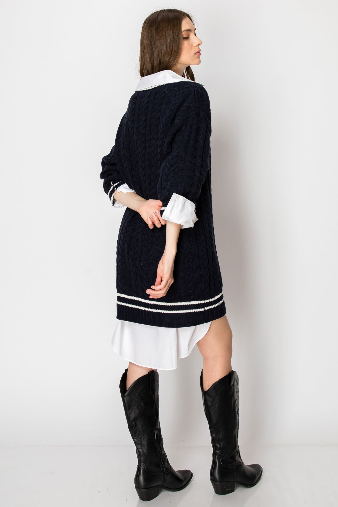 V Neck Long Sleeve Sweater Dress