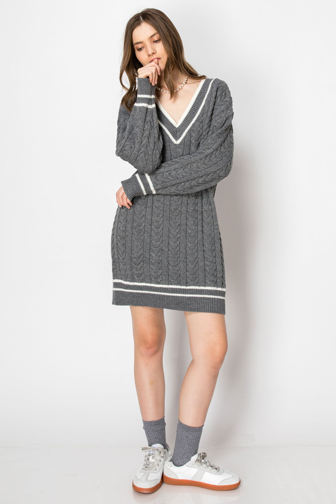 V Neck Long Sleeve Sweater Dress