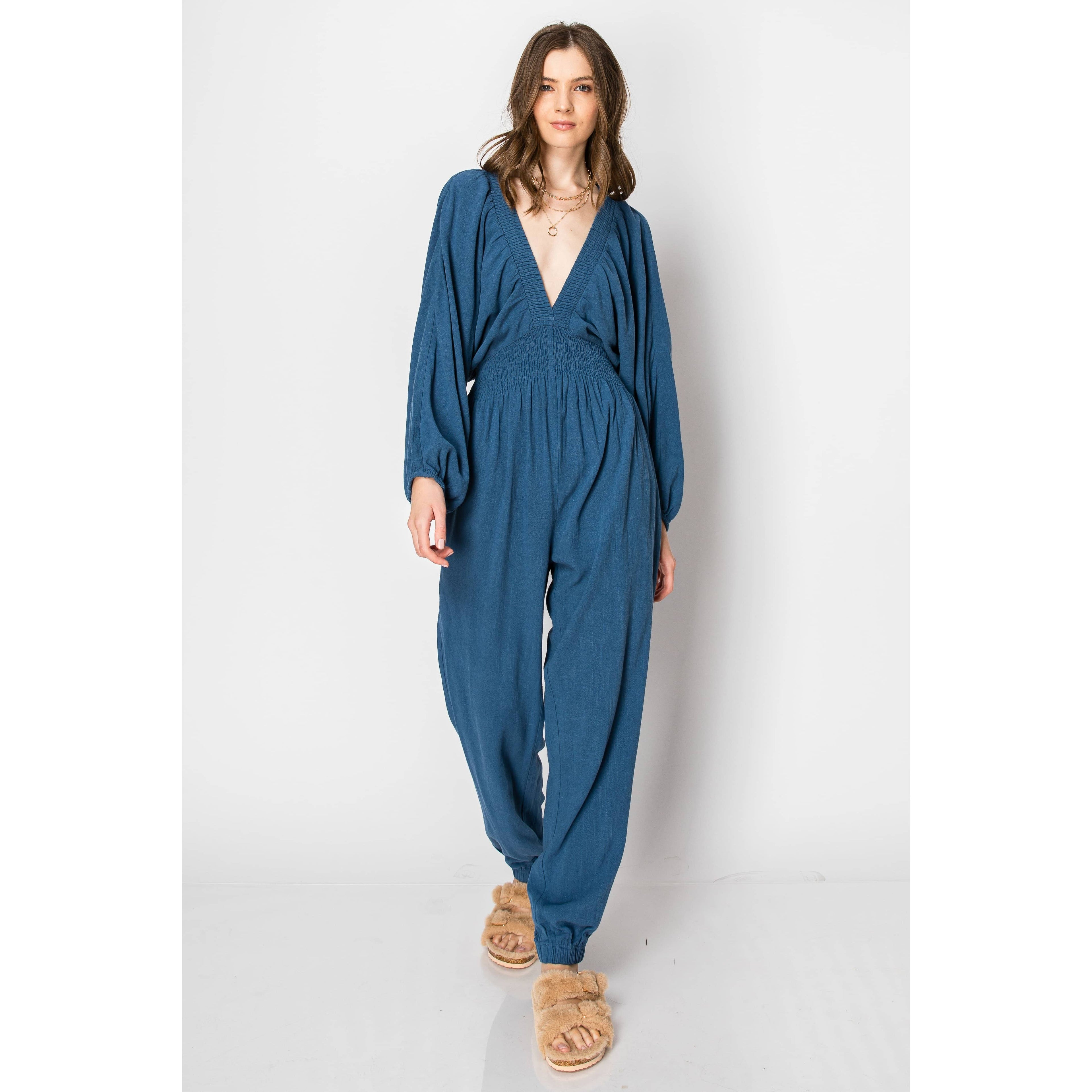 Dolman Sleeve Deep V-neck JUMPSUIT with Pockets