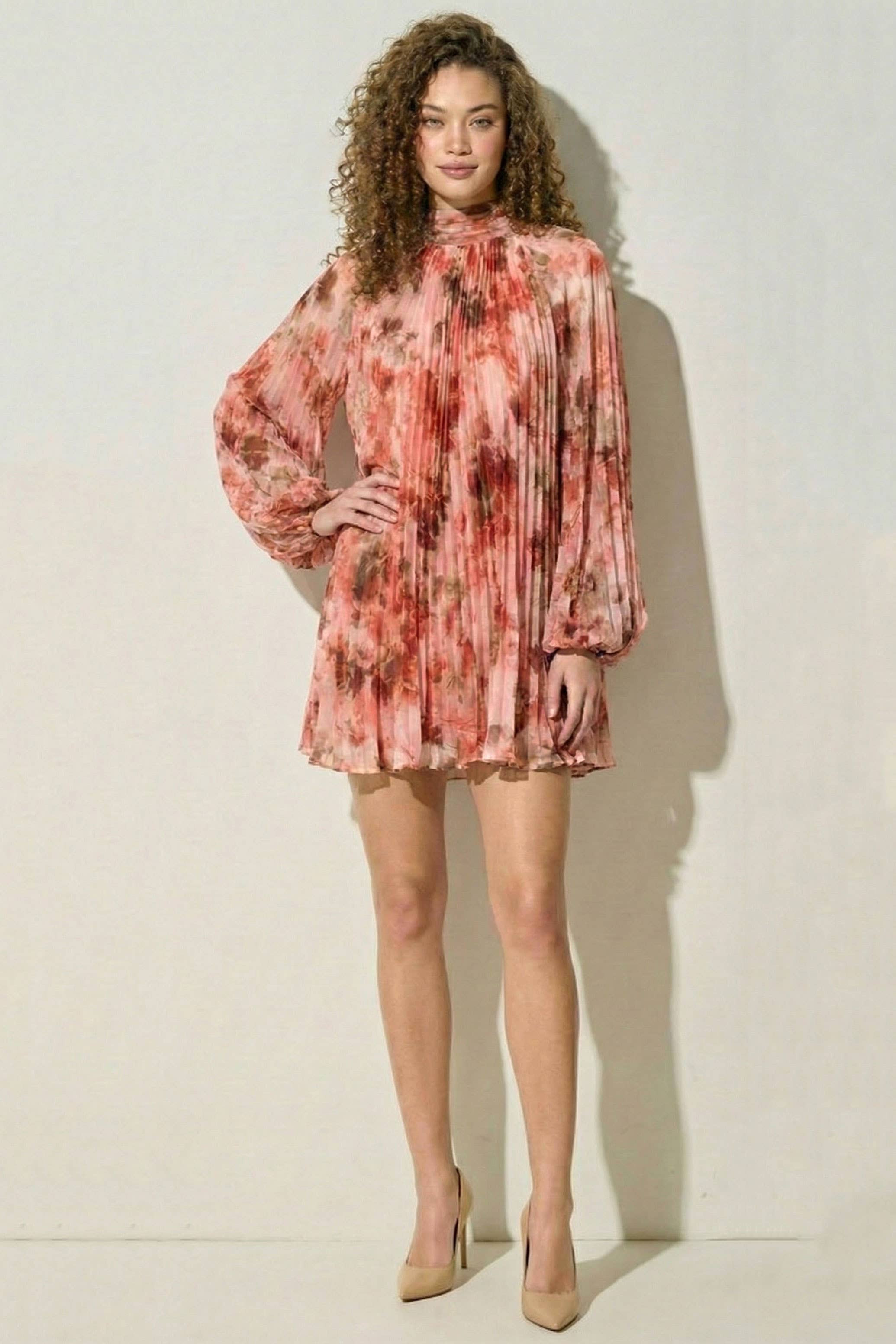 Floral Pleated Chiffon Mini Dress