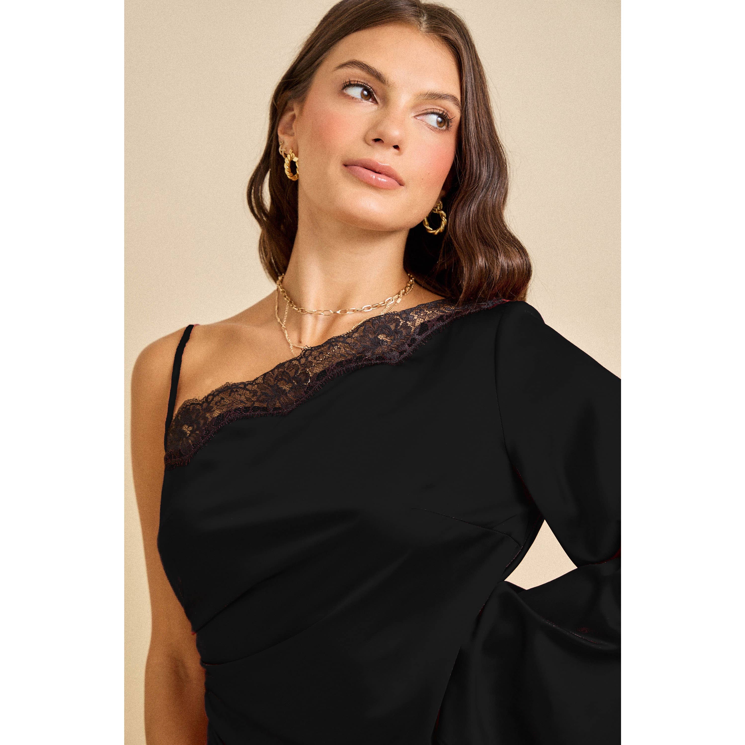 One Shoulder Lace Trim Black Dress