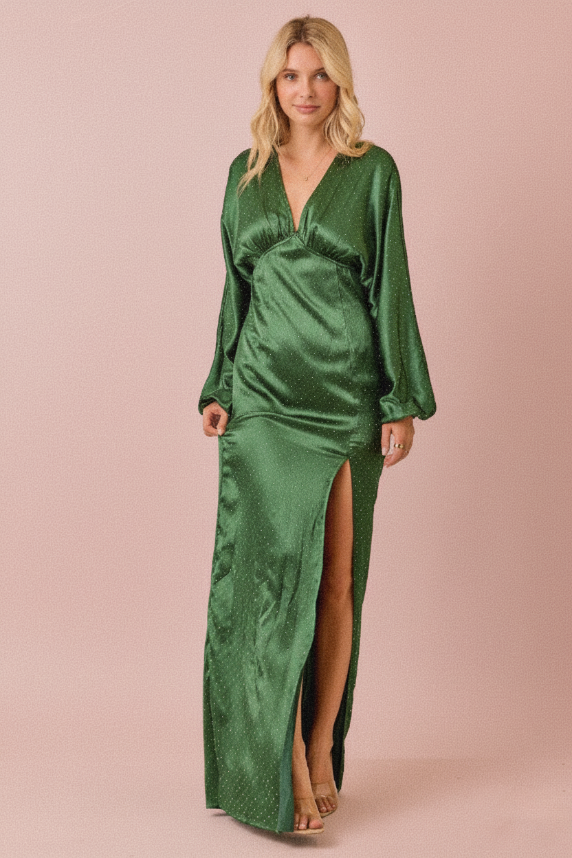Holiday Satin V-Neck Maxi Dress