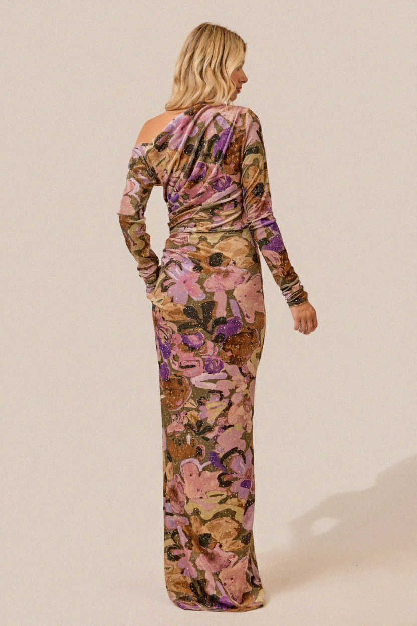 One Shoulder Velvet Glitter Maxi Dress