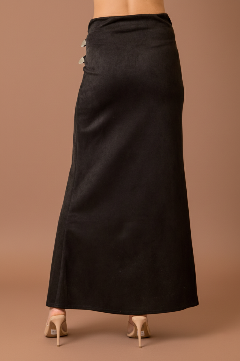 Faux Suede Maxi Skirt with High Slit and Double Buckles