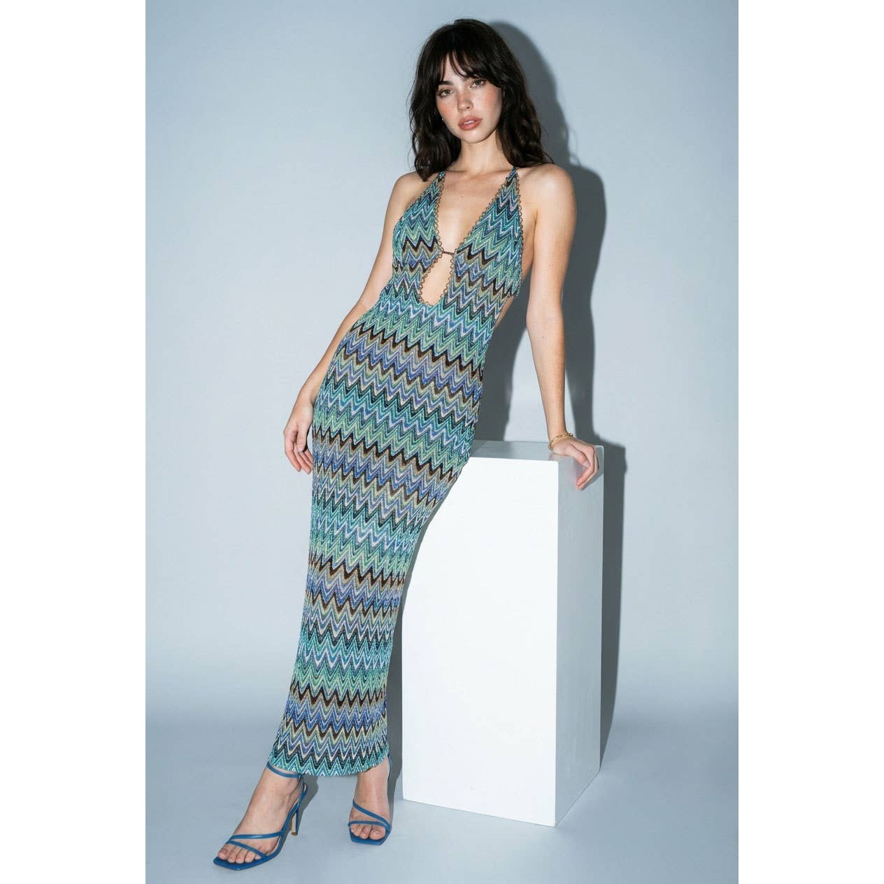 Chevron Print Plunge Halter Maxi Dress