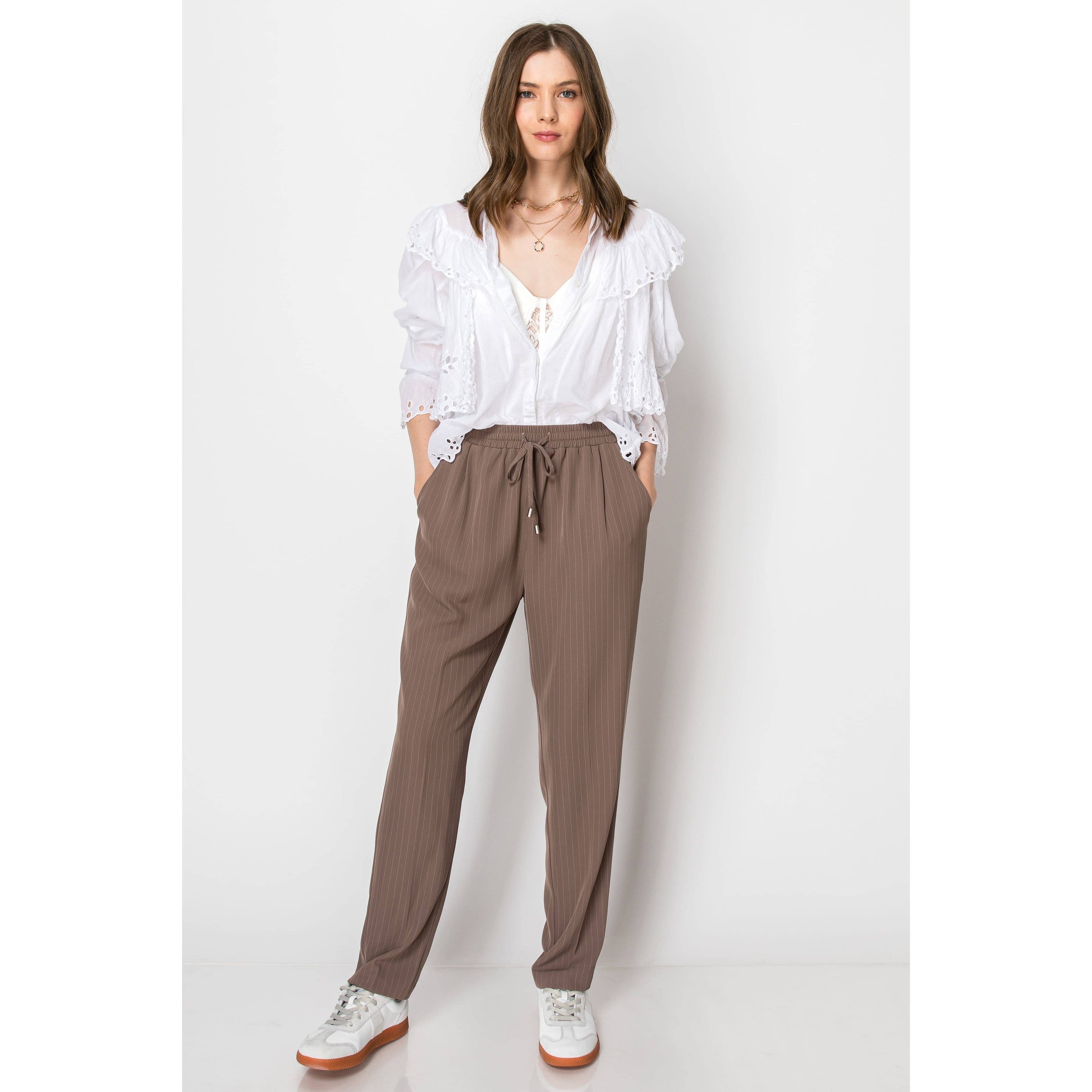 Beaded Drawstring Pinstripe Elastic Waist PANTS