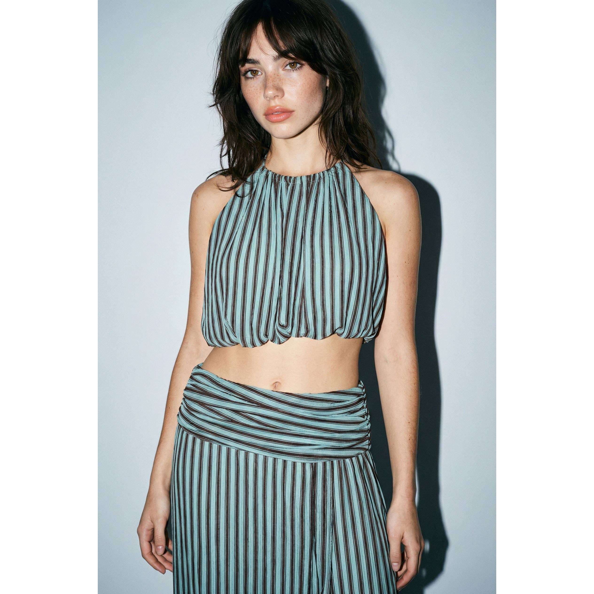Striped Halter & Ruched Maxi Skirt Set