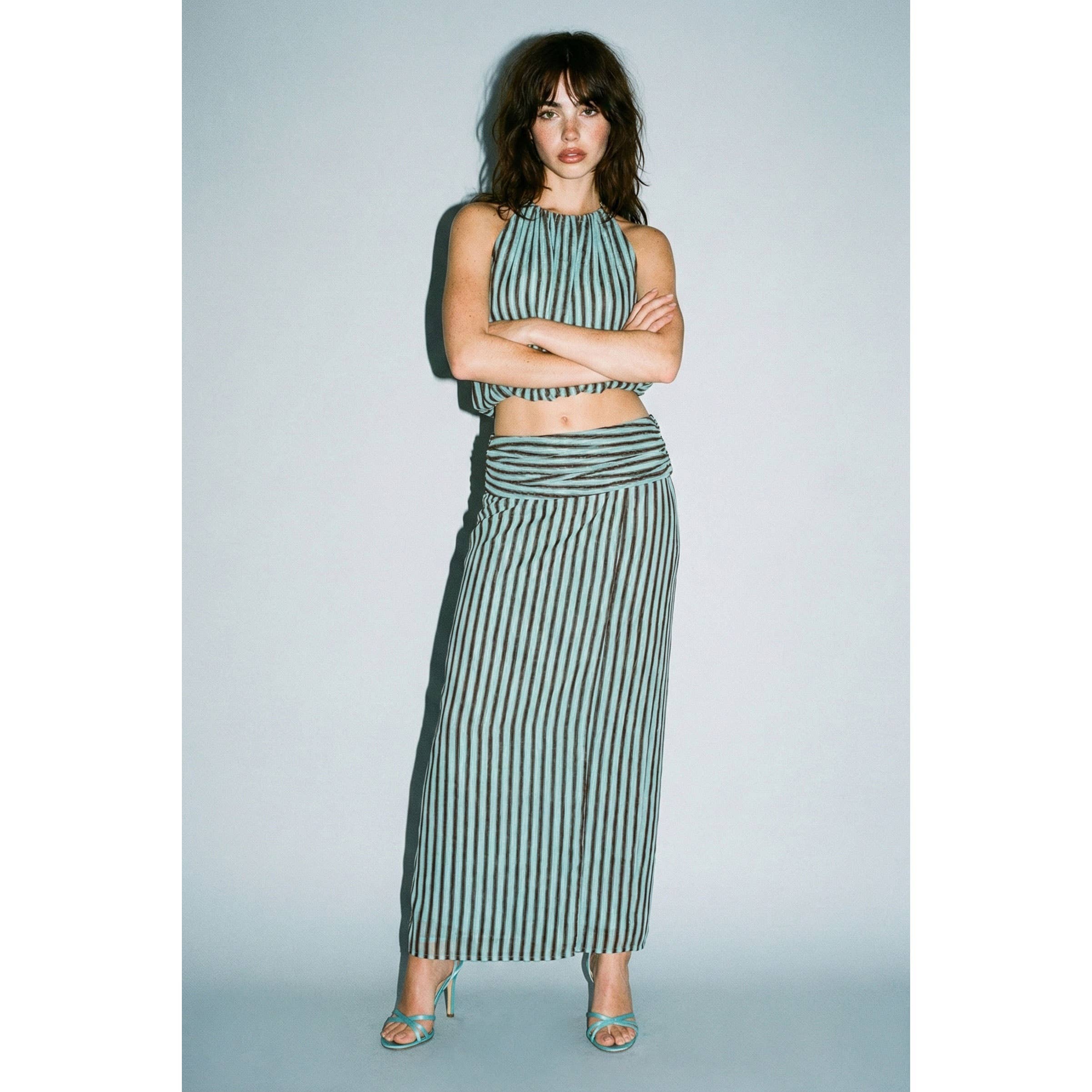 Striped Halter & Ruched Maxi Skirt Set