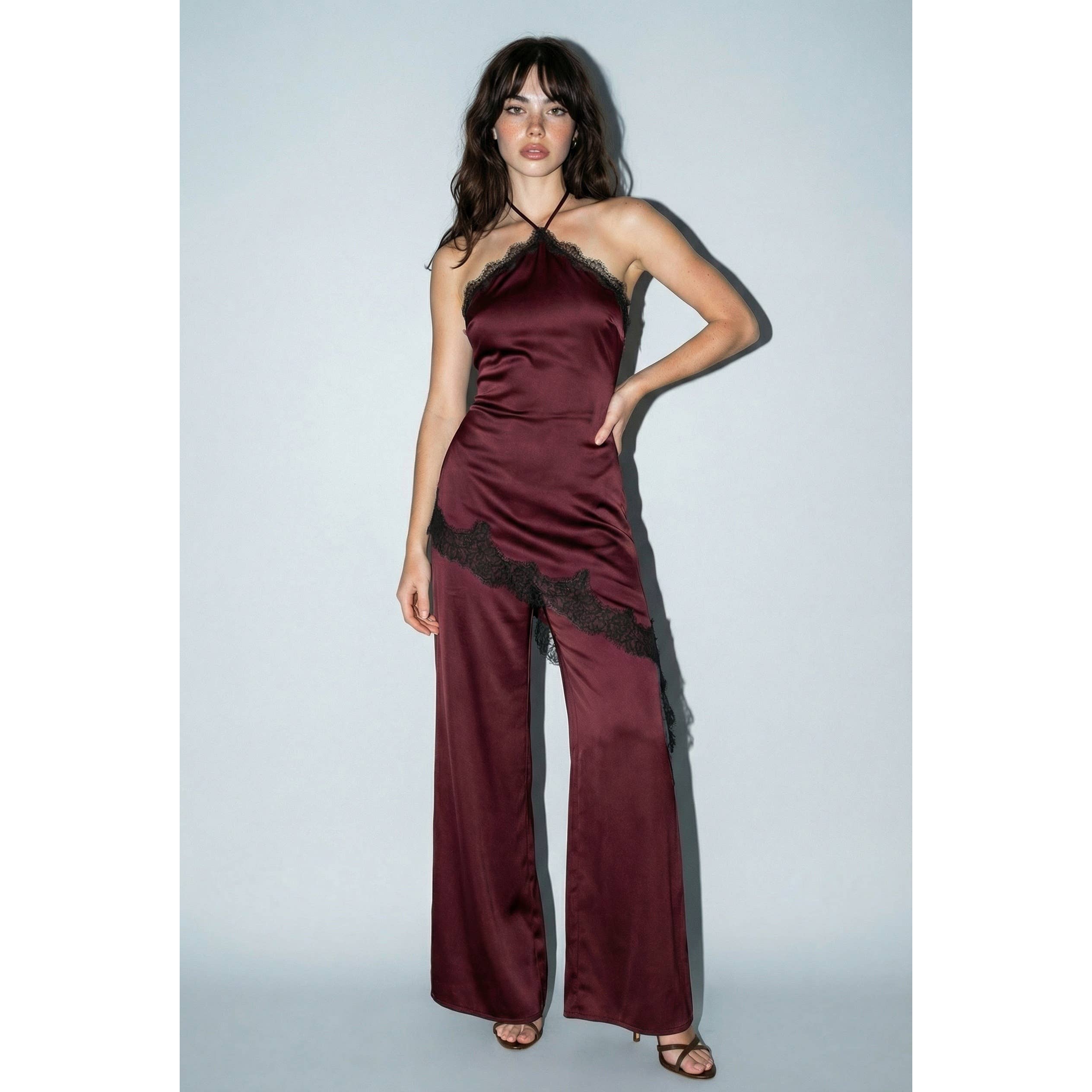 Contrast Lace Trim Satin Halter Jumpsuit