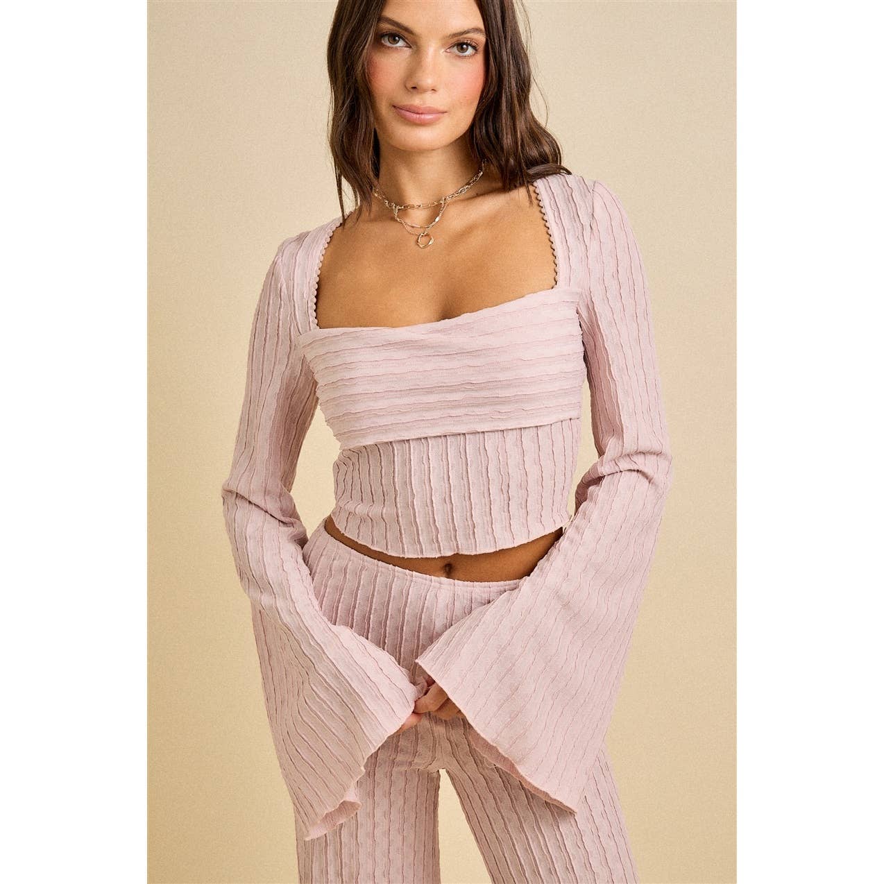 Spring Ribbed Knit Flare Sleeve Pant Set