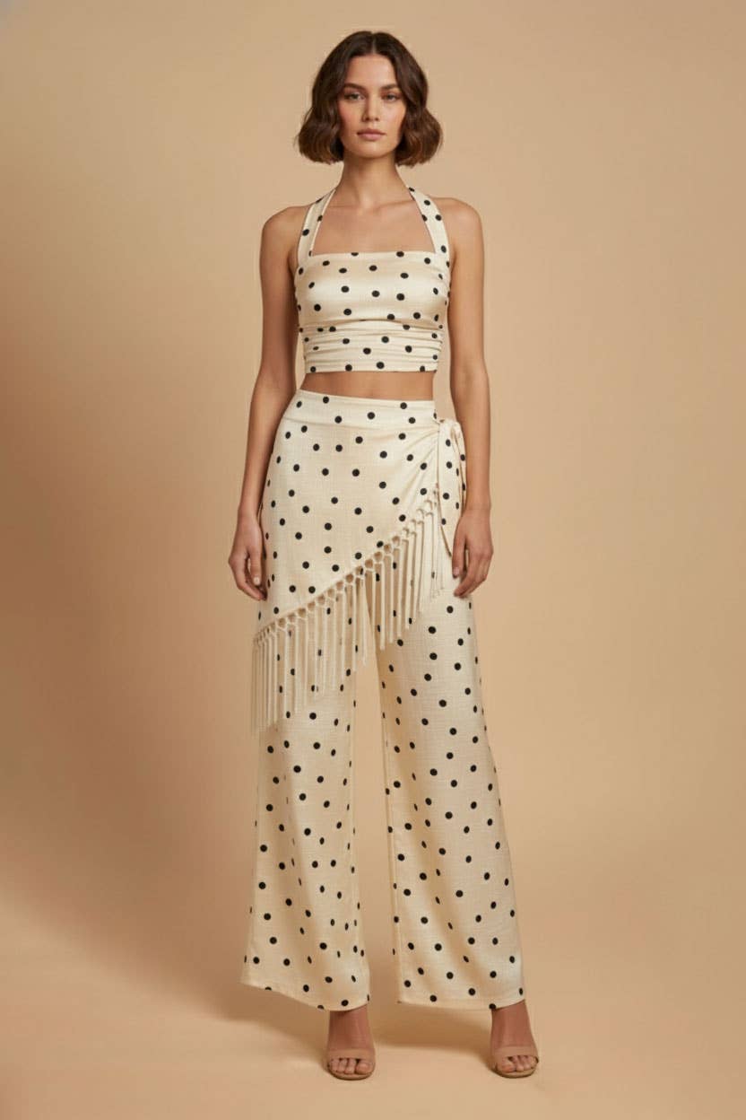 Polka Dot Halter Top and Fringe Pants Set