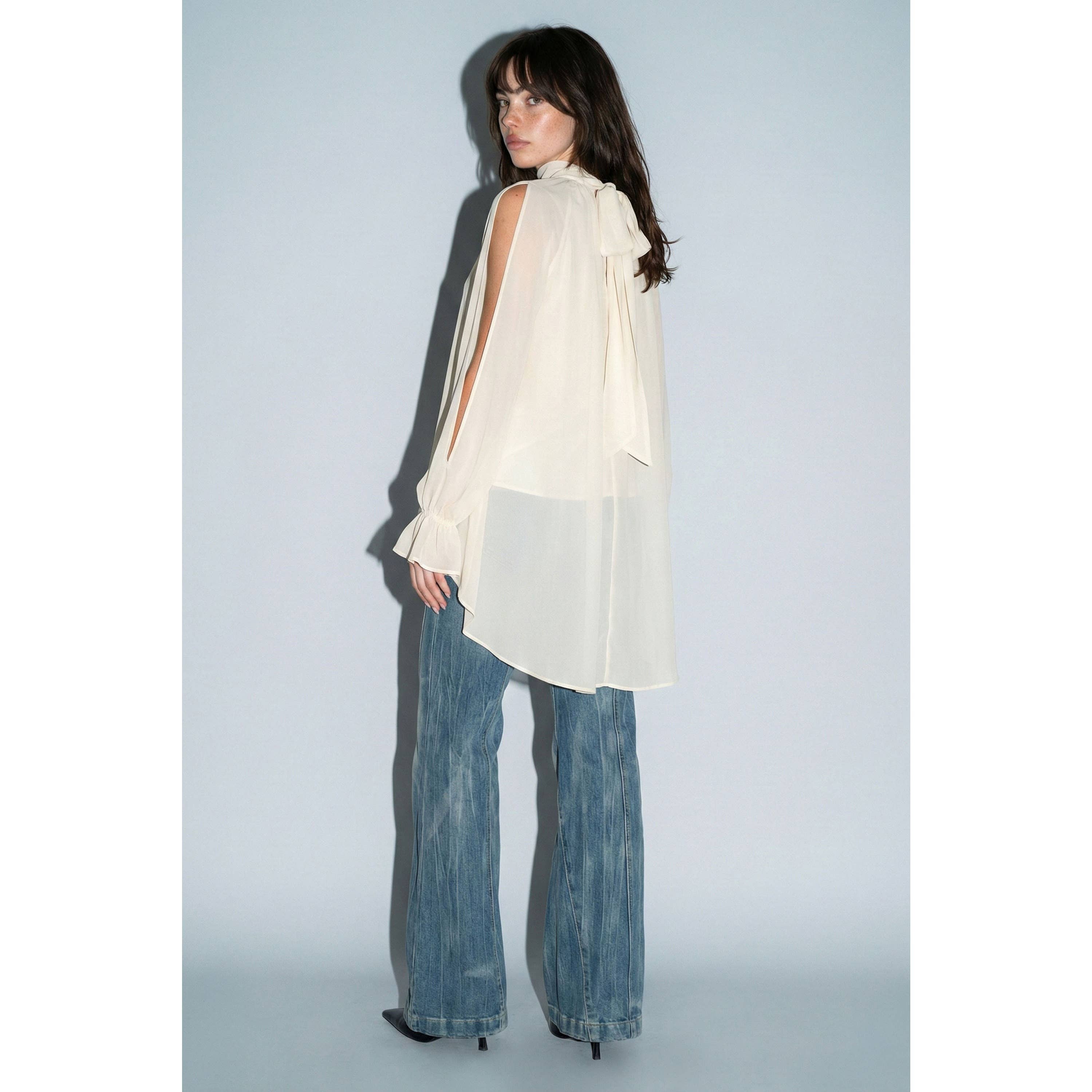 Chiffon Cold-Shoulder High-Low Top