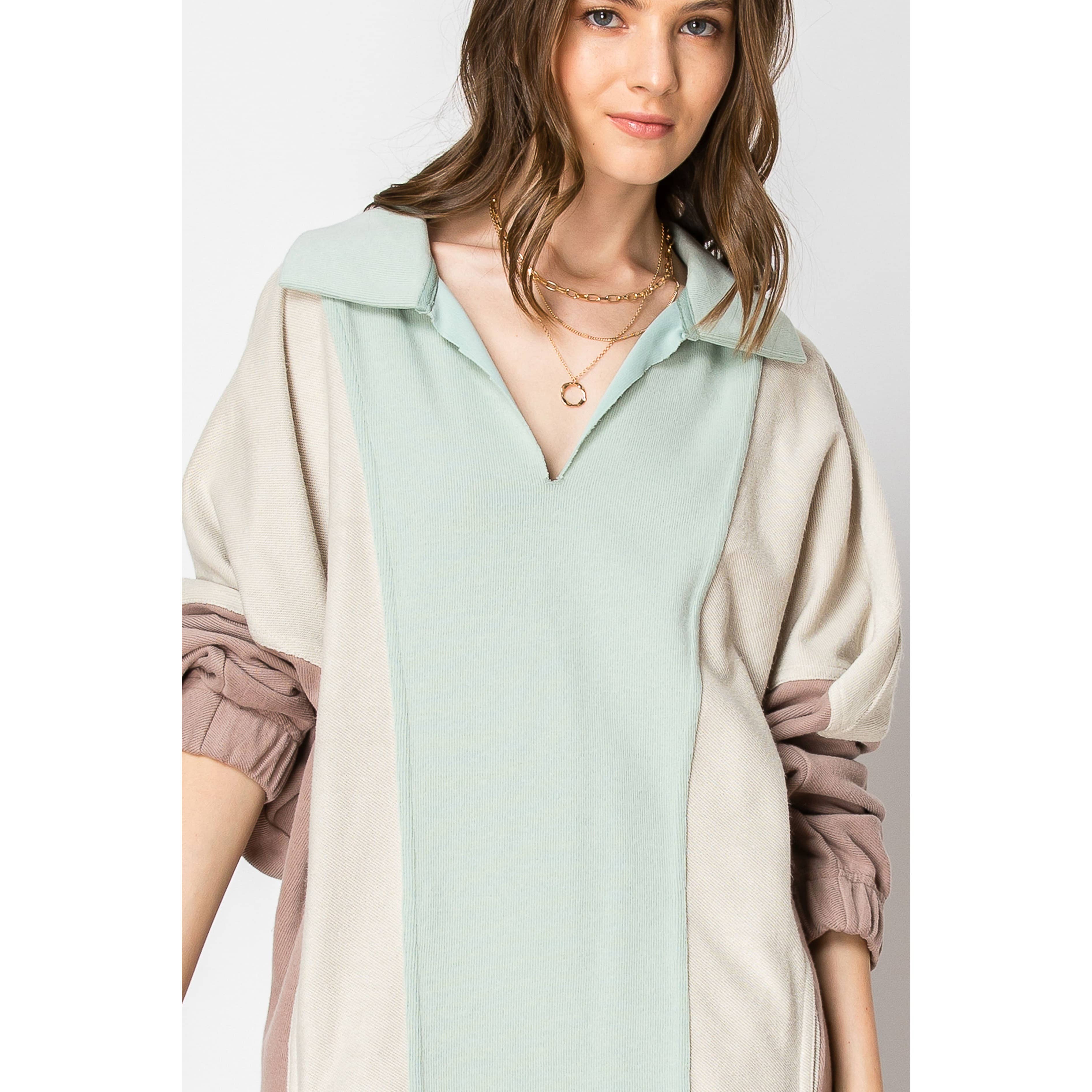 COLOR BLOCK Long Sleeve Collar DRESS With Pockets