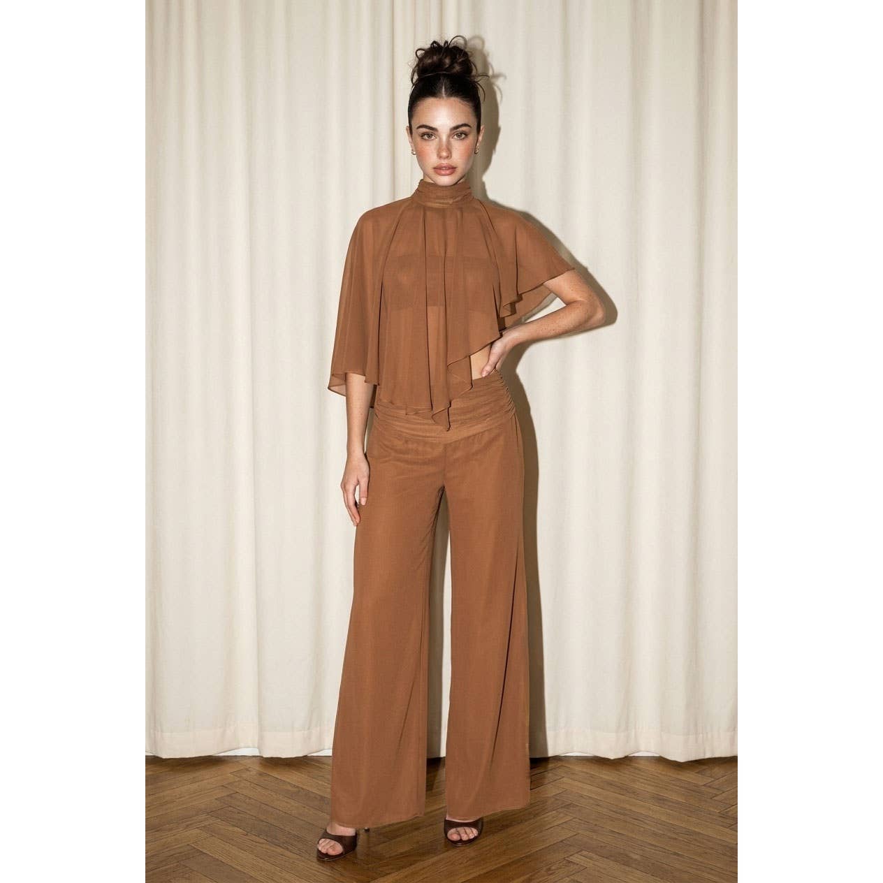 Chiffon Mock Neck Cape Co-ord Set