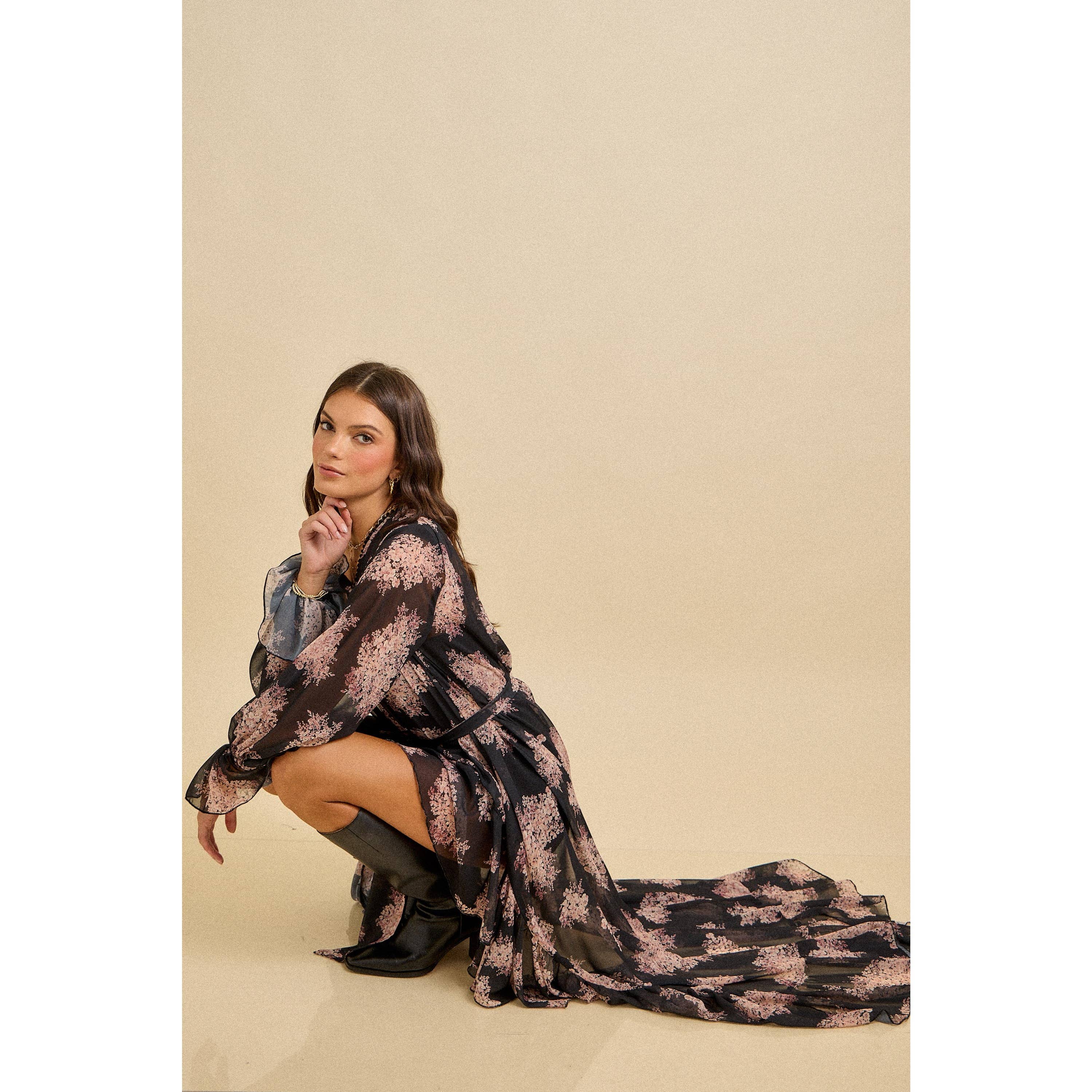 Spring Floral Ruffle High-Low Dress with Scarf Tie