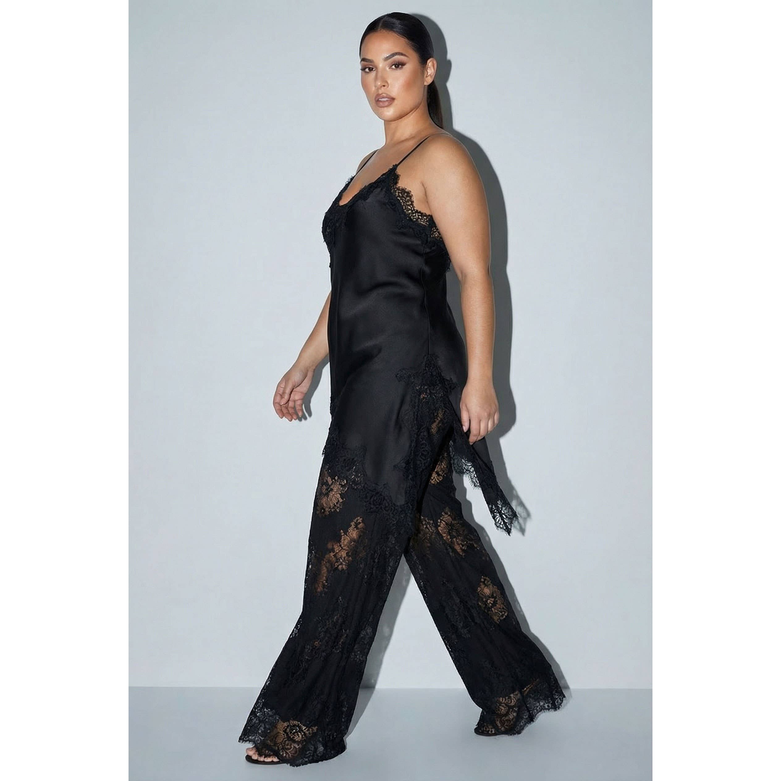 PLUS Satin Lace Trim Cami and Pants Set