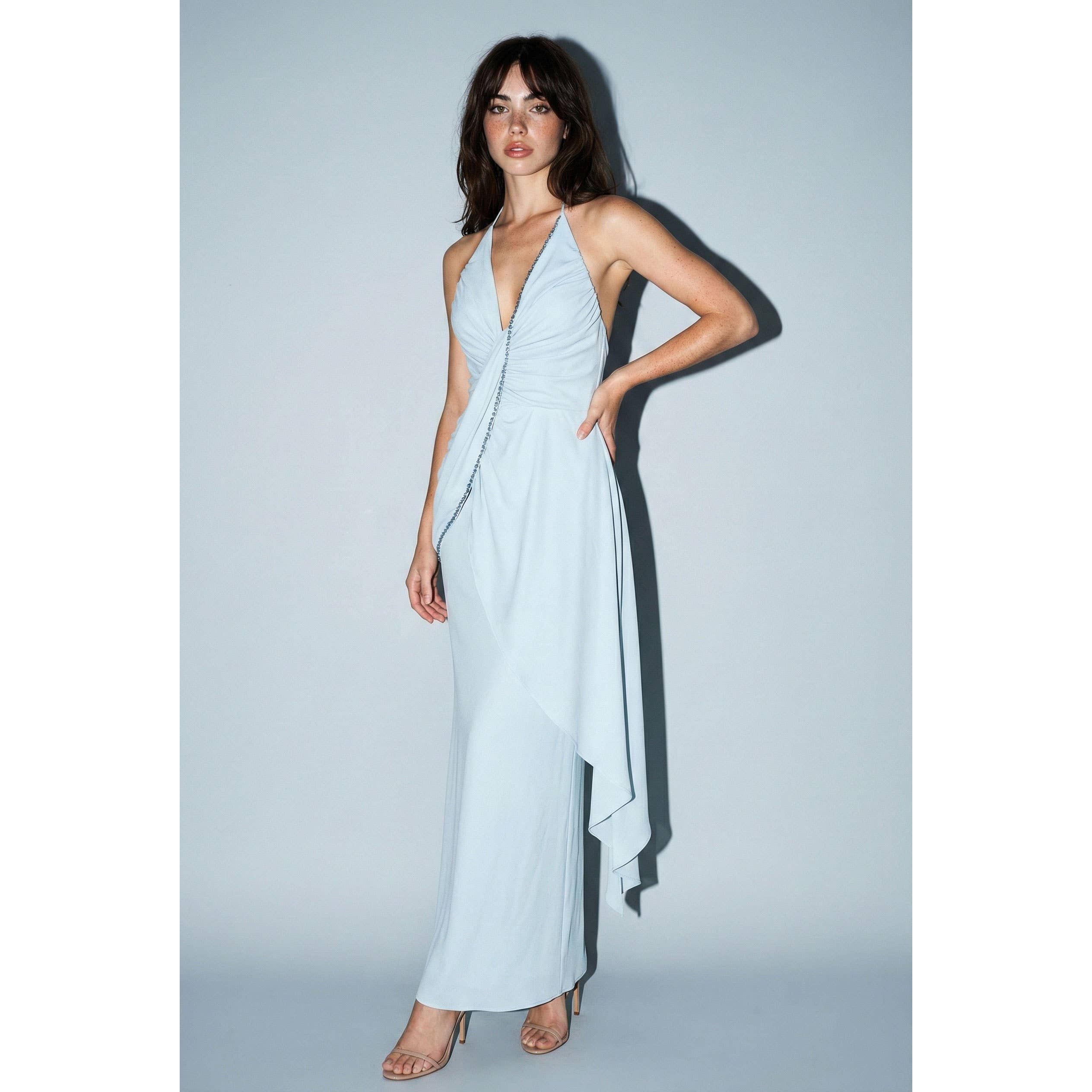 Embellished Plunge Halter Draped Maxi Dress