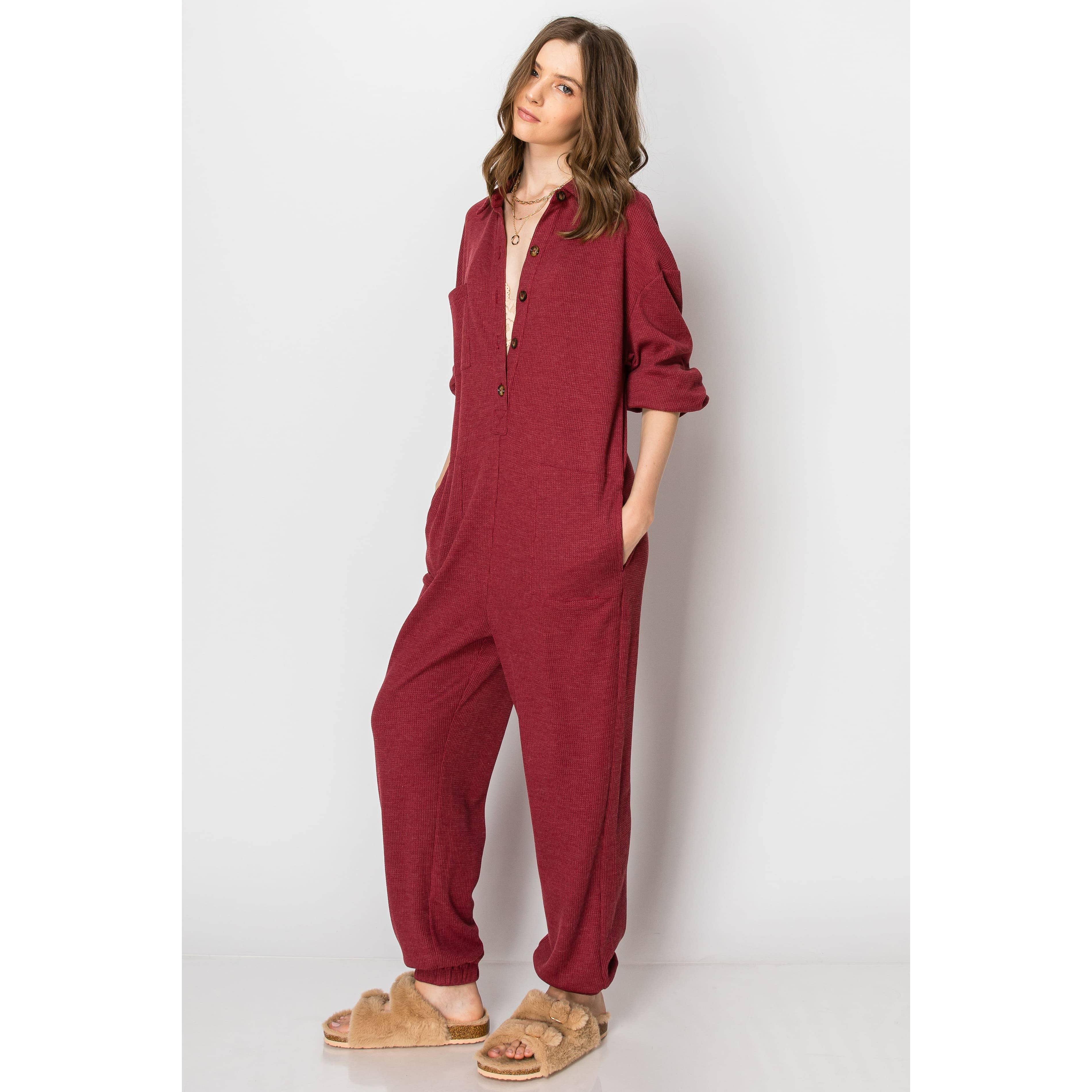 Long Sleeve Waffle Knit Button Down  JUMPSUIT