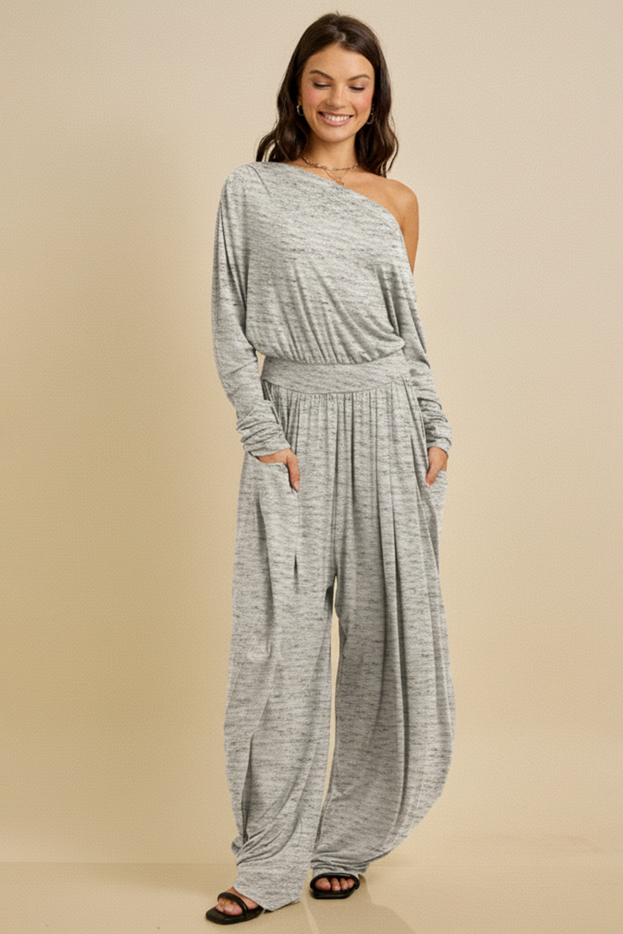 One Shoulder Draped Jersey Jumpsuit