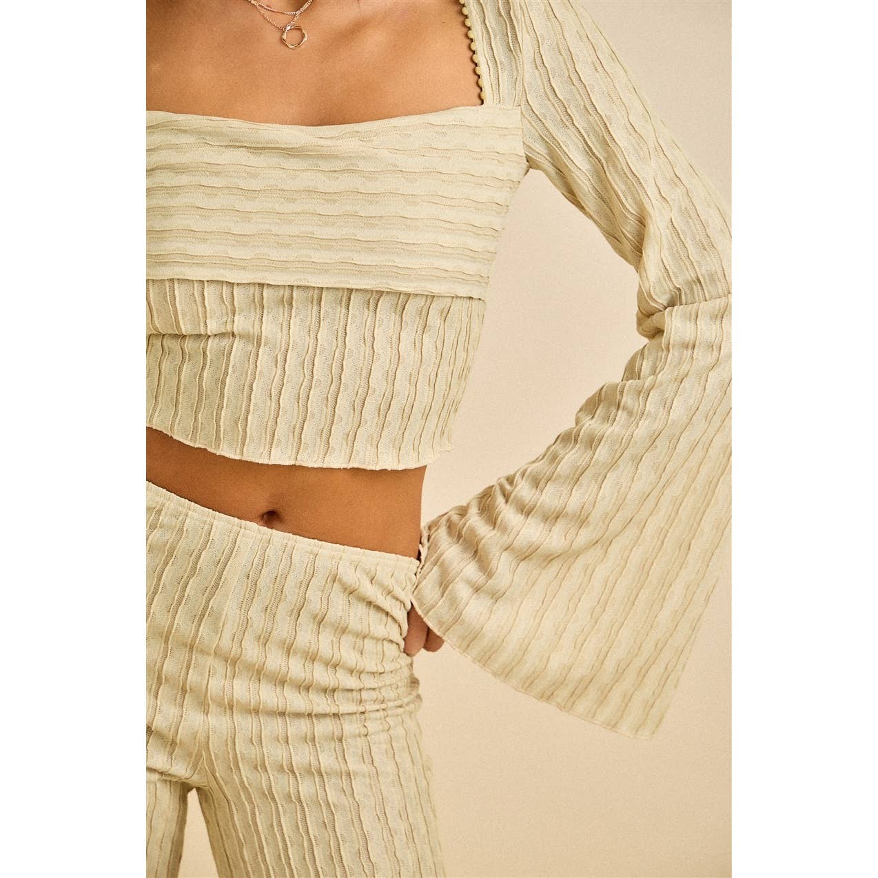 Spring Ribbed Knit Flare Sleeve Pant Set