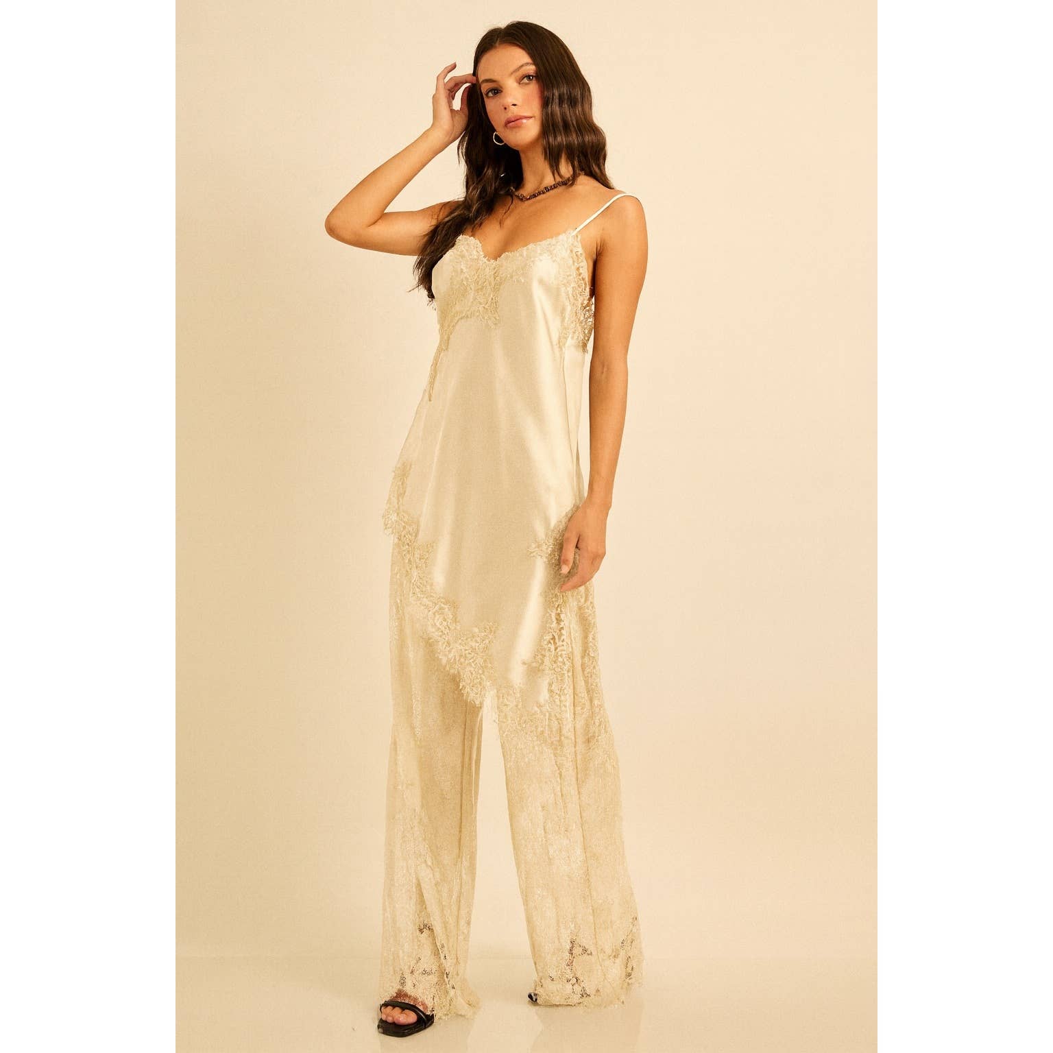 Spring Satin Lace Trim Cami and Pants Set