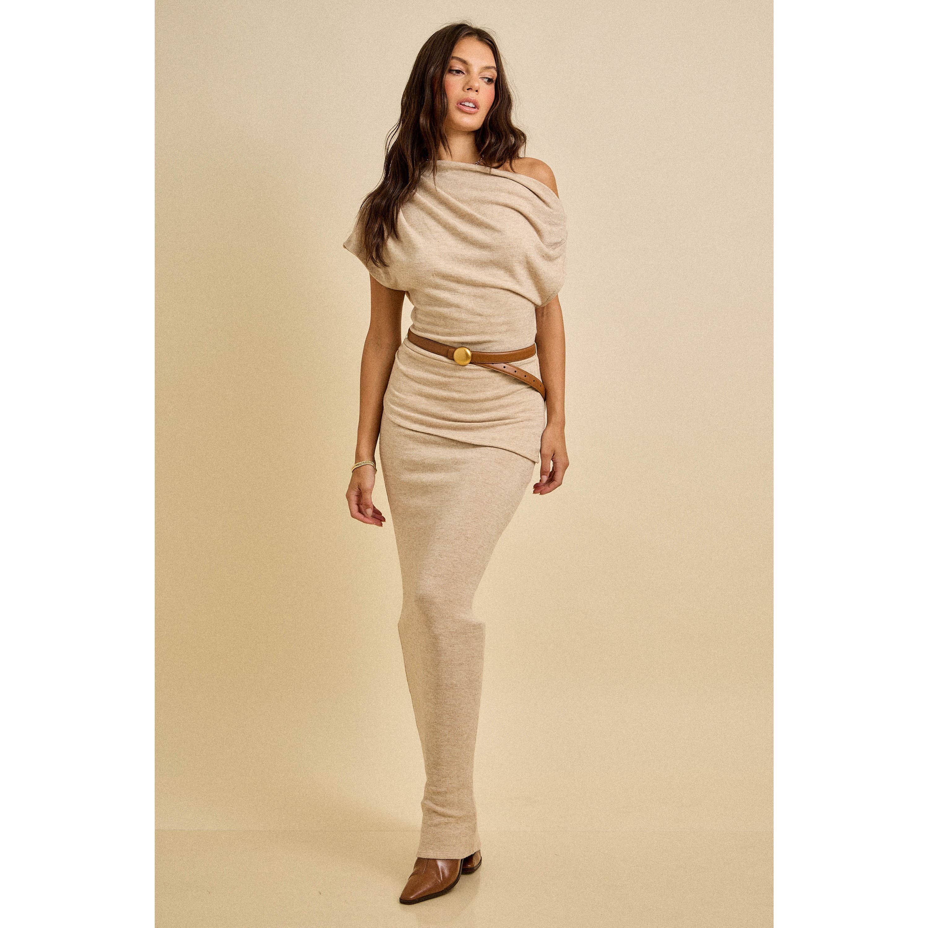 Spring One-Shoulder Drape Knit Maxi Dress