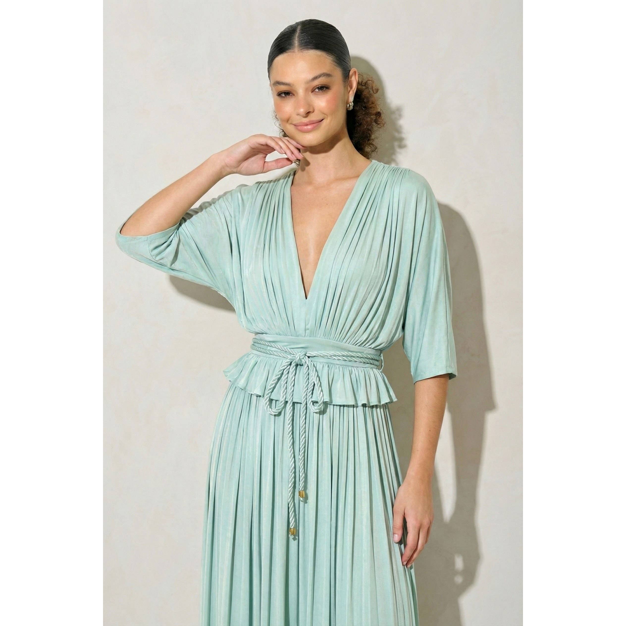 Pleated Tie Waist Maxi Dress